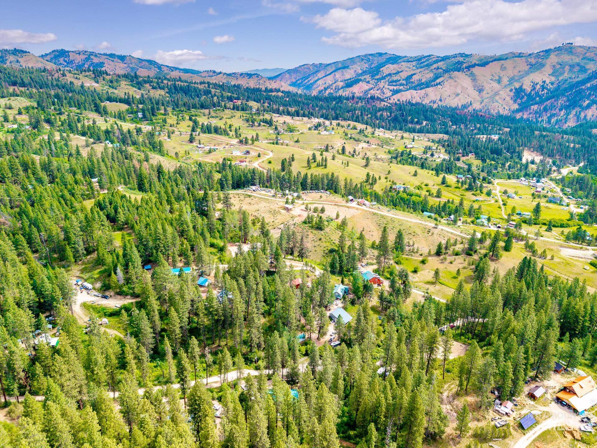 Expansive mountainous landscape featuring dense evergreen forests and scattered clearings