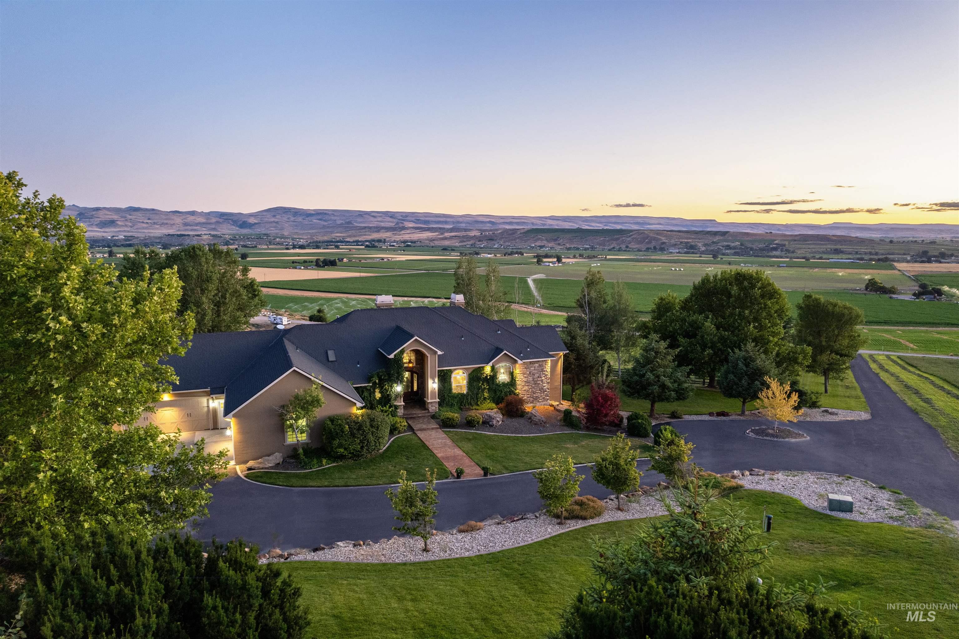 Aerial view at dusk of a rural view