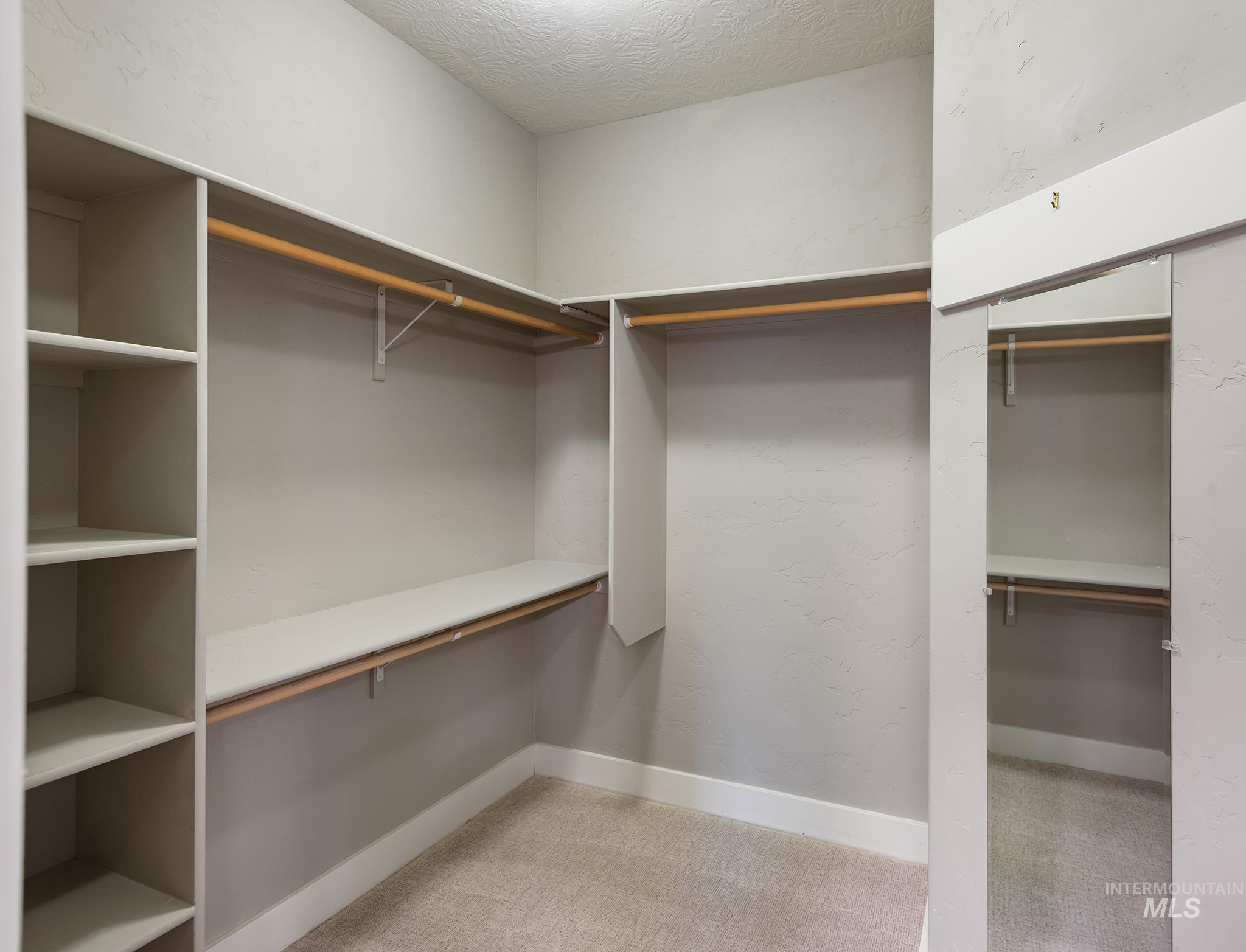 Walk in closet featuring light carpet