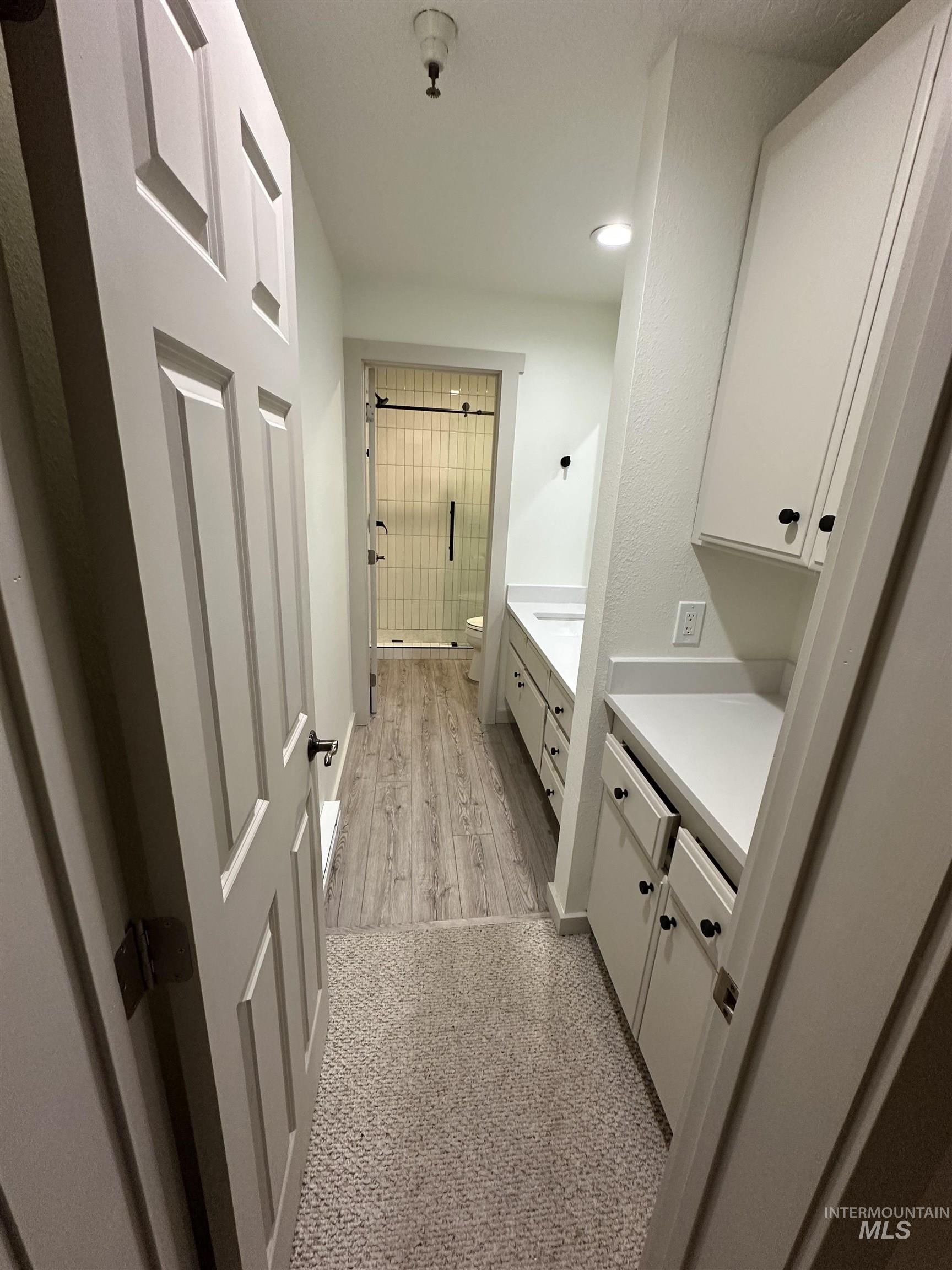 Bathroom with vanity and a stall shower