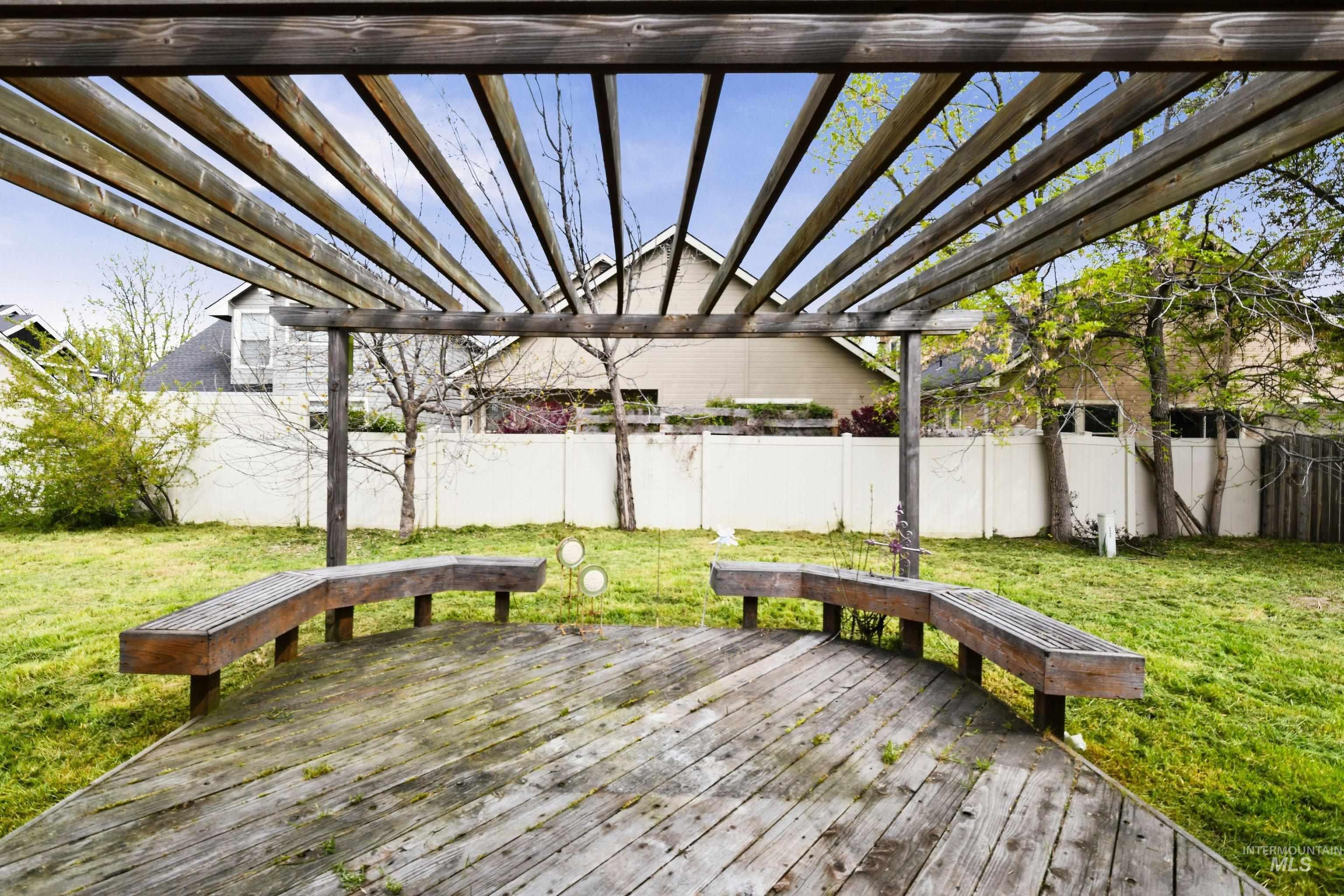 Deck featuring a fenced backyard and a pergola
