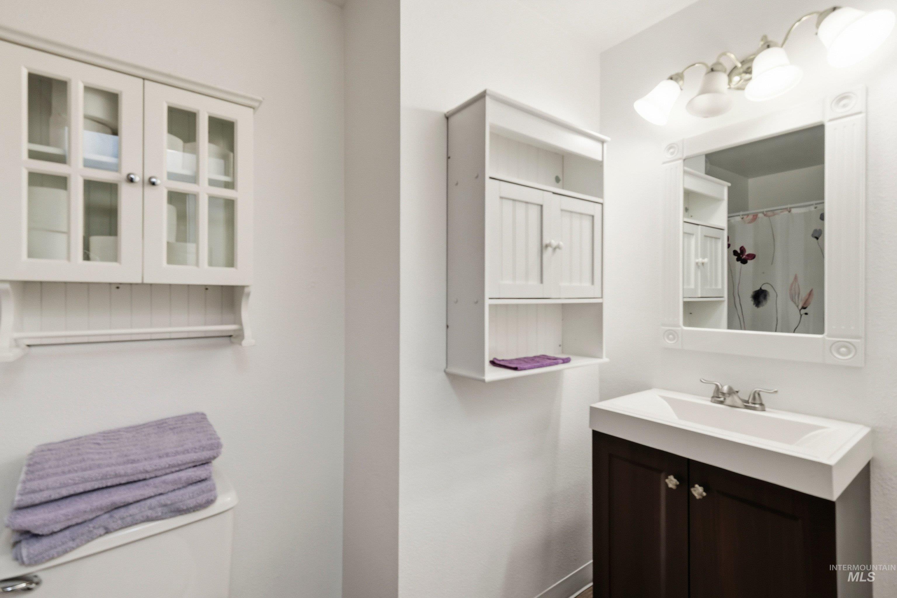 Bathroom with vanity and a shower with curtain