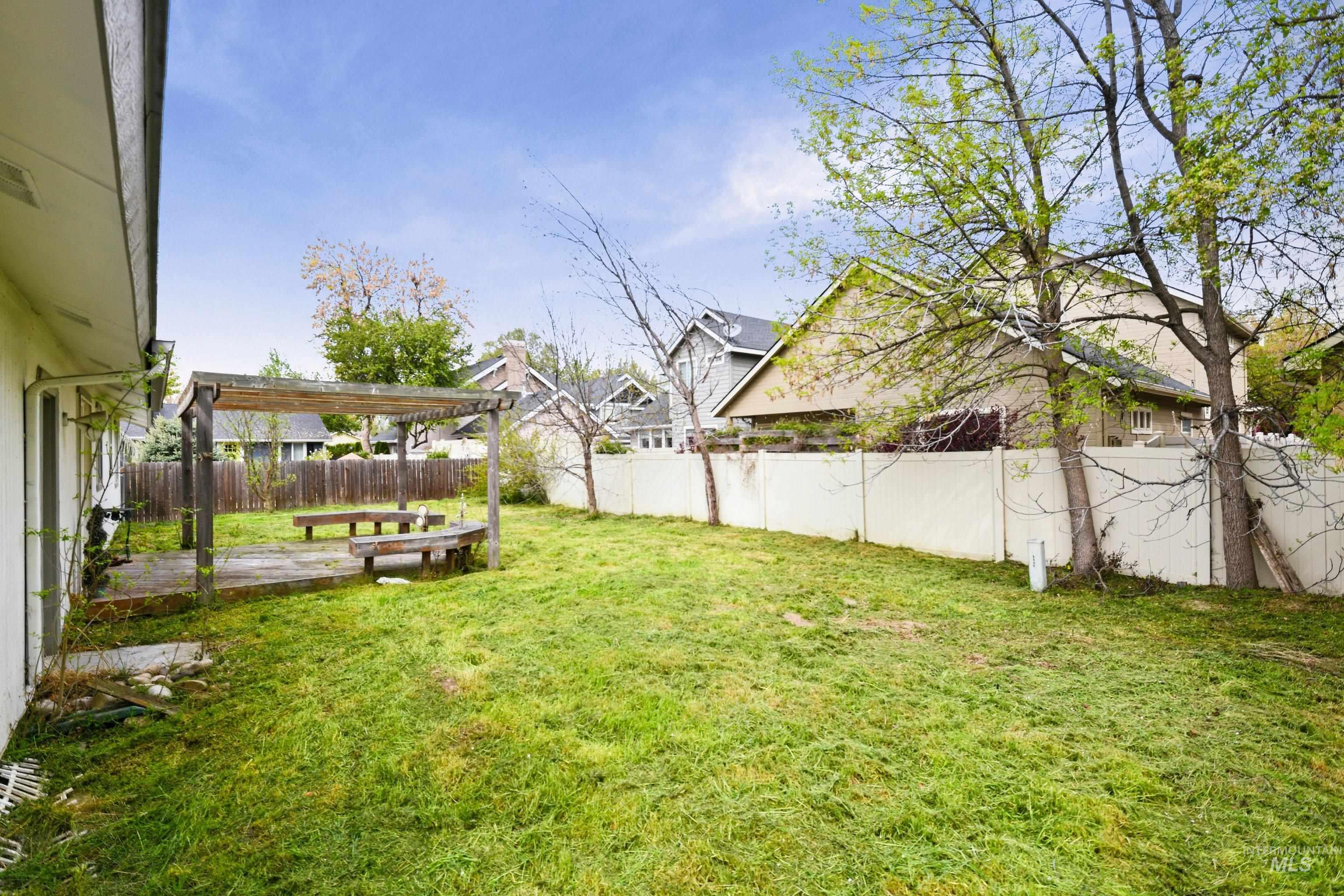 Fenced backyard with a patio and a pergola