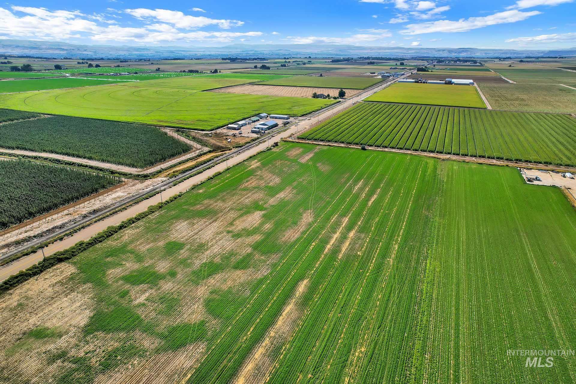 Aerial view of sparsely populated area featuring large plots for crops