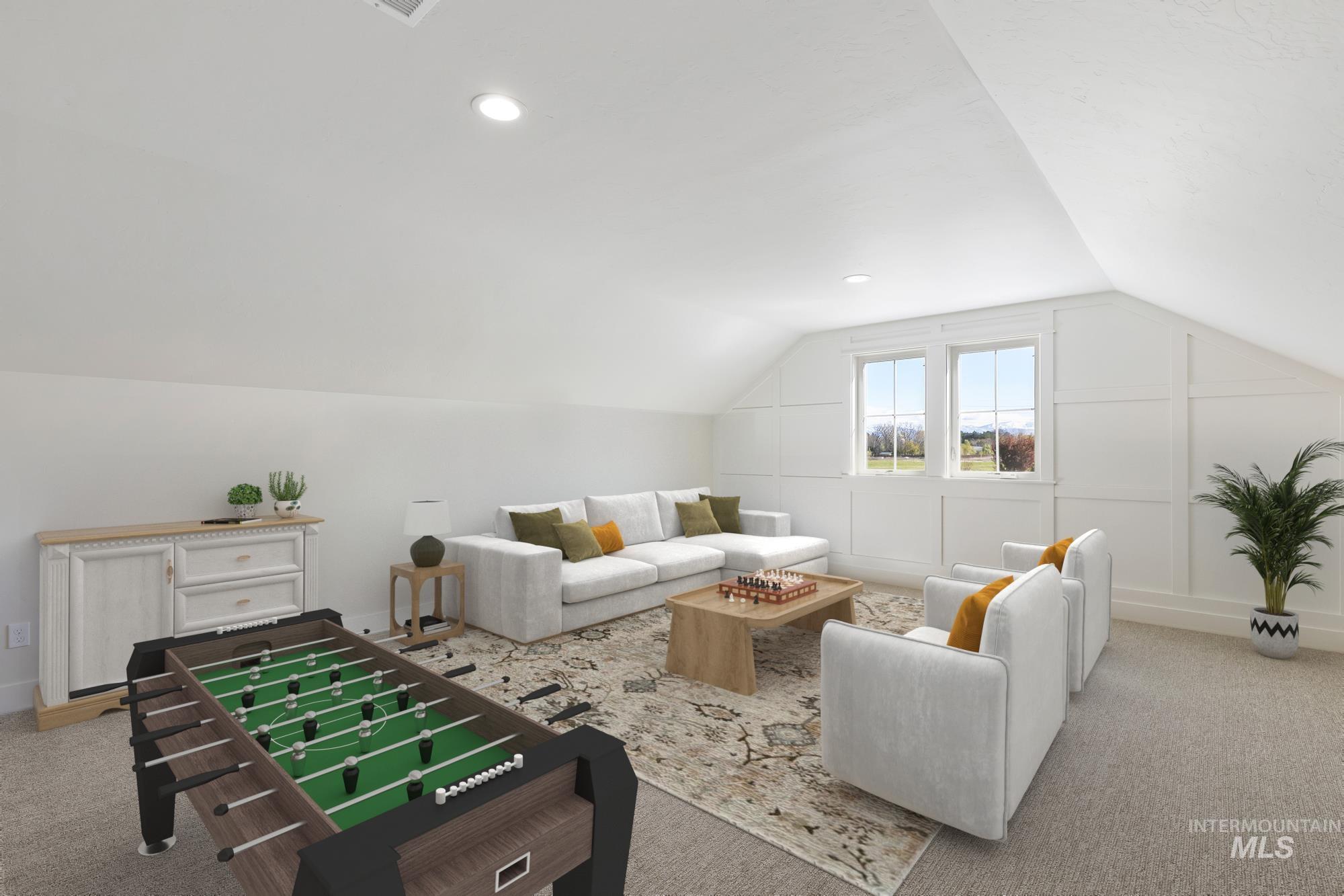 Playroom with light carpet and recessed lighting