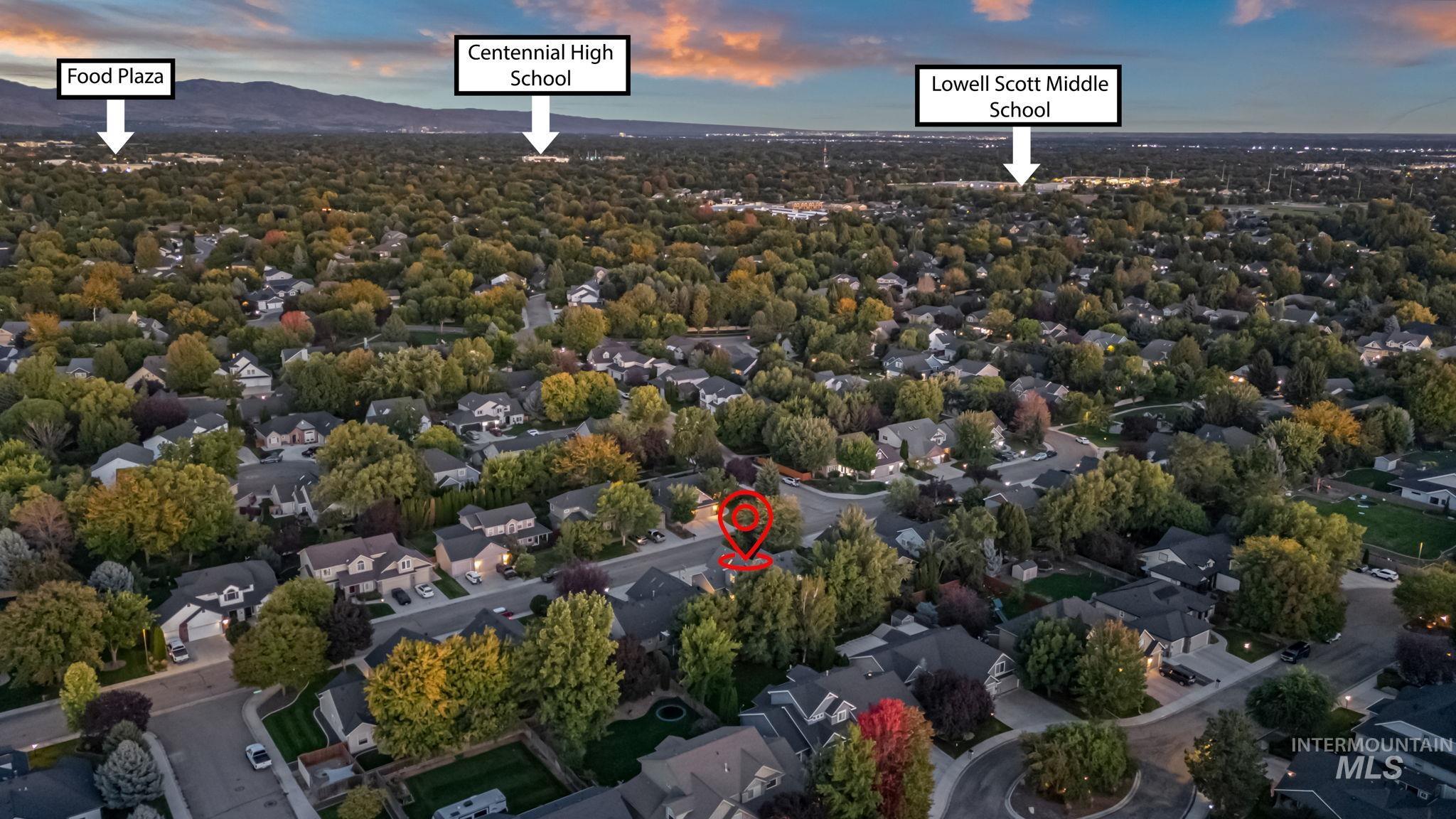 Aerial view at dusk of a residential view