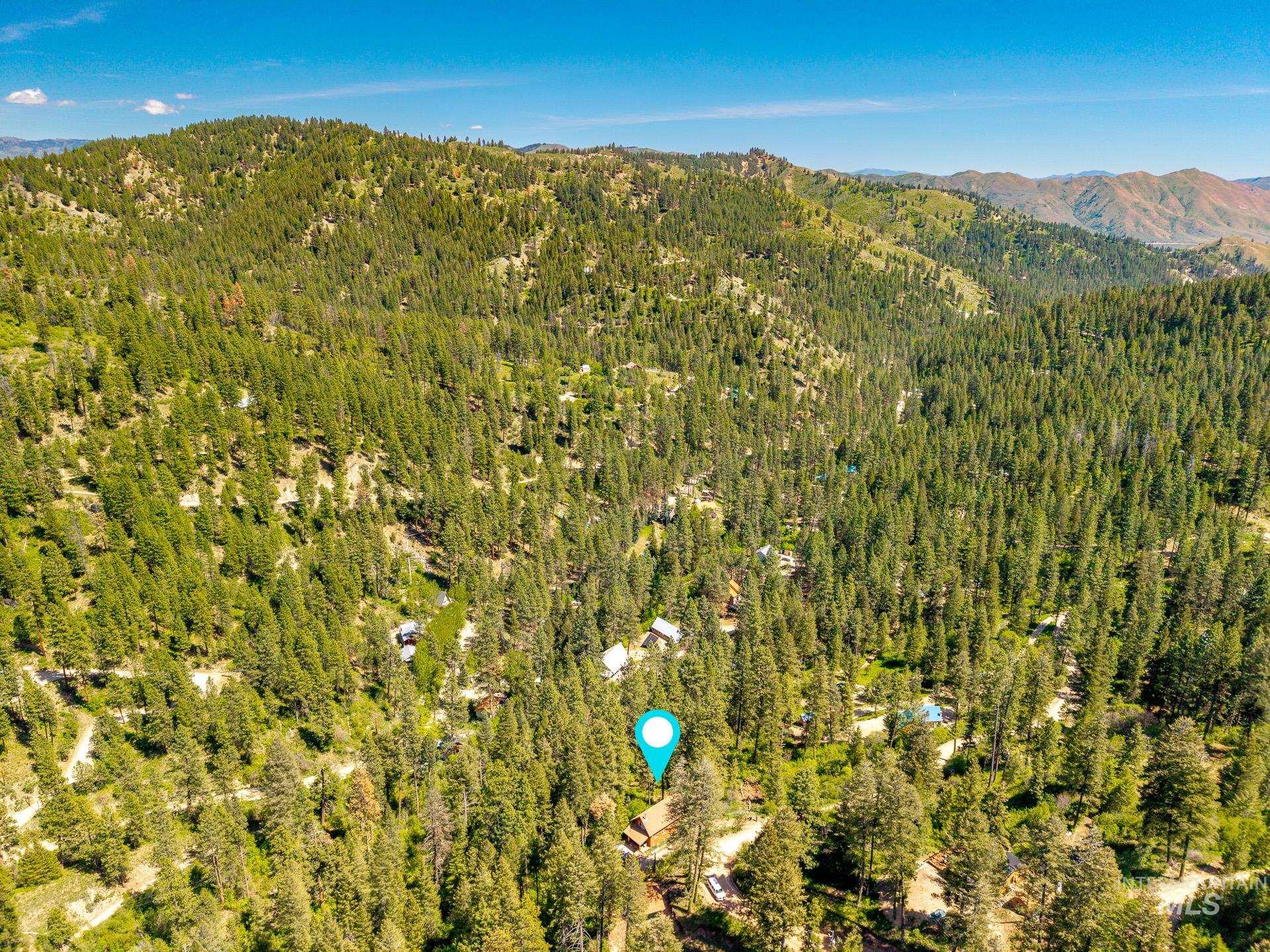 Expansive mountainous terrain featuring dense evergreen tree coverage under a clear blue sky