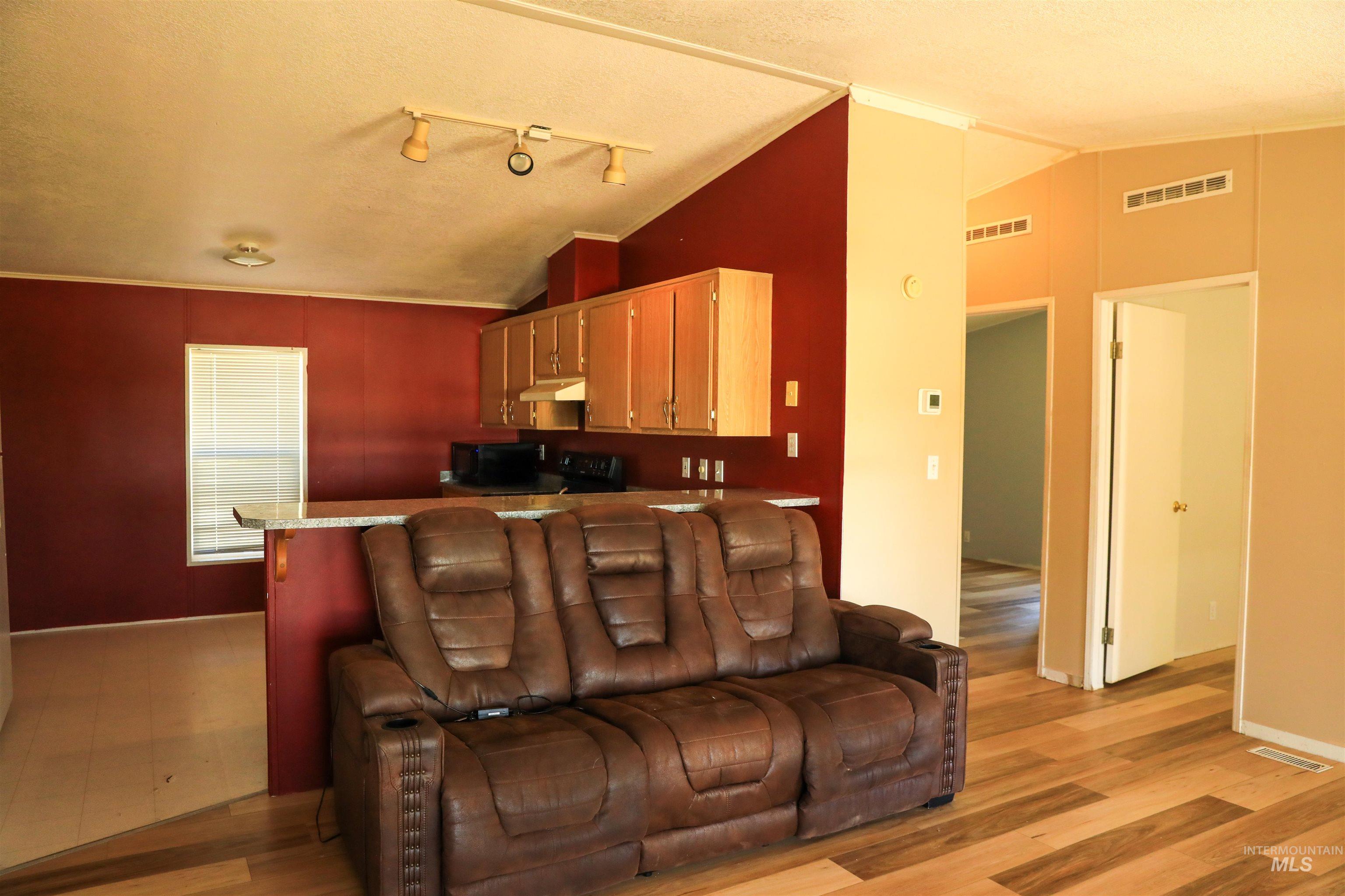 Living room featuring vaulted ceiling, dark wood-style flooring, a textured ceiling, ornamental molding, and track lighting