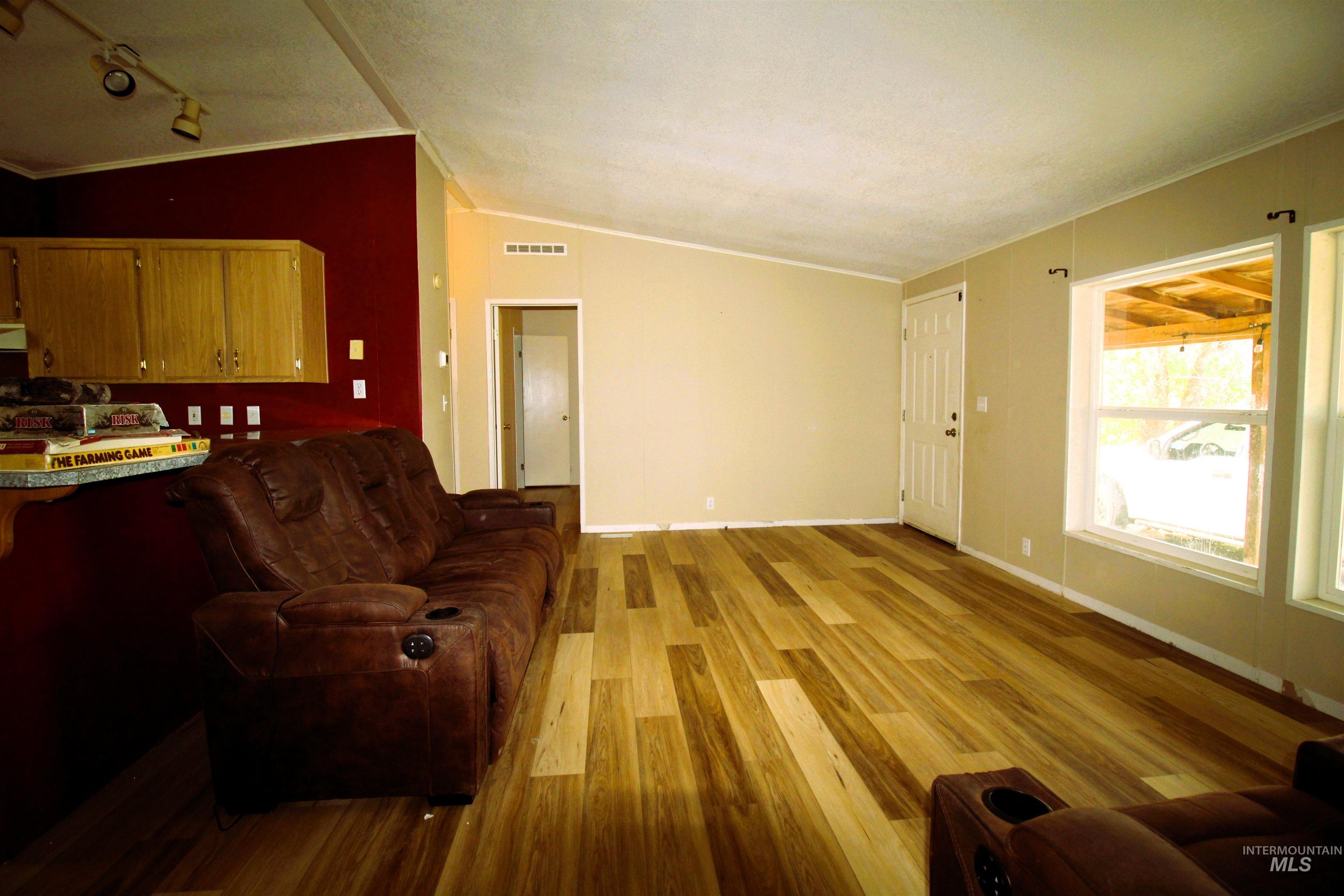 Living room featuring ornamental molding, light wood-type flooring, lofted ceiling, and track lighting