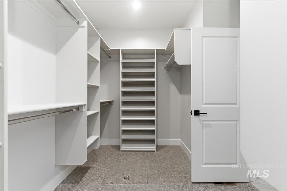 Walk in closet with light carpet