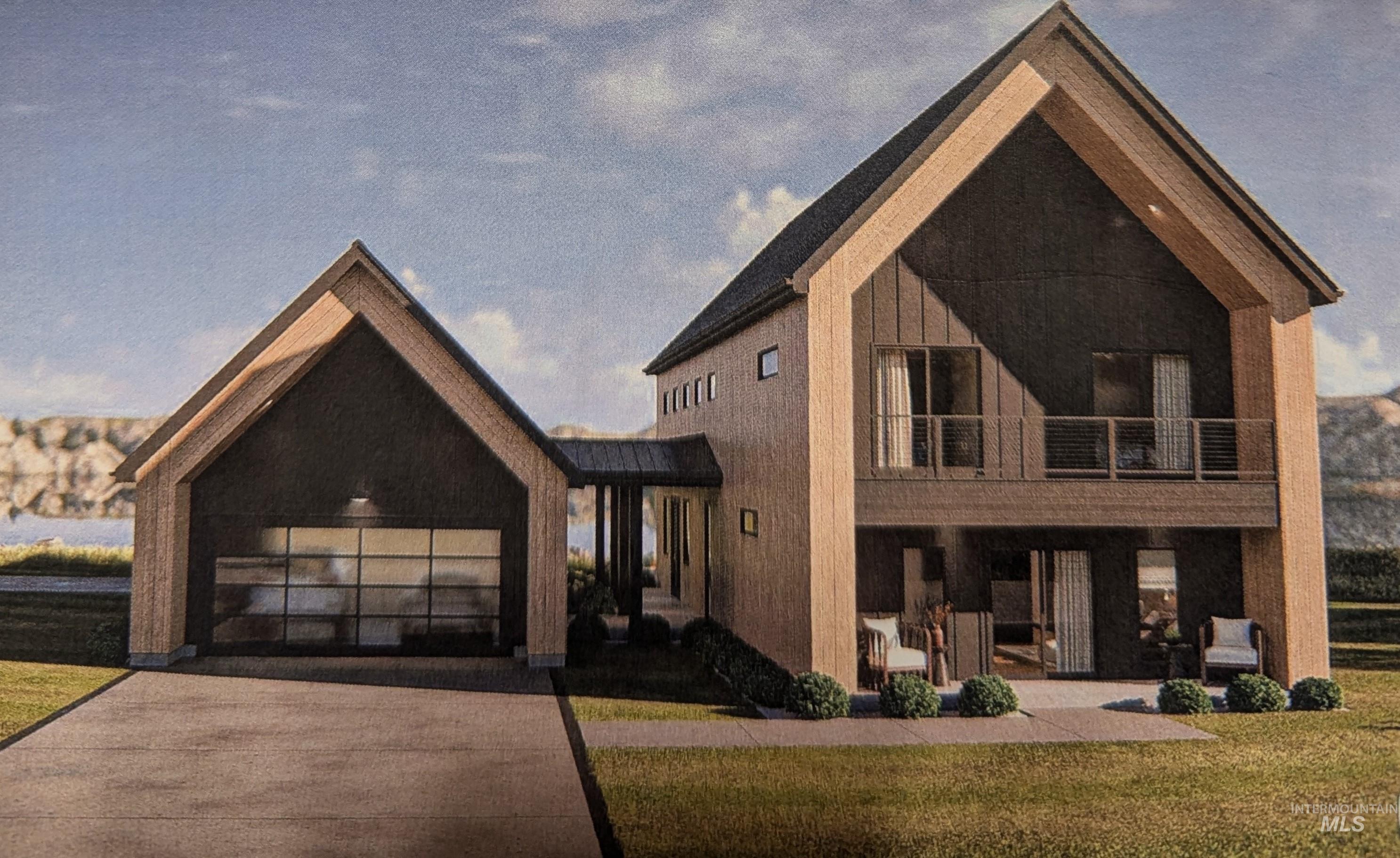 View of front of house featuring concrete driveway, a balcony, and a front yard