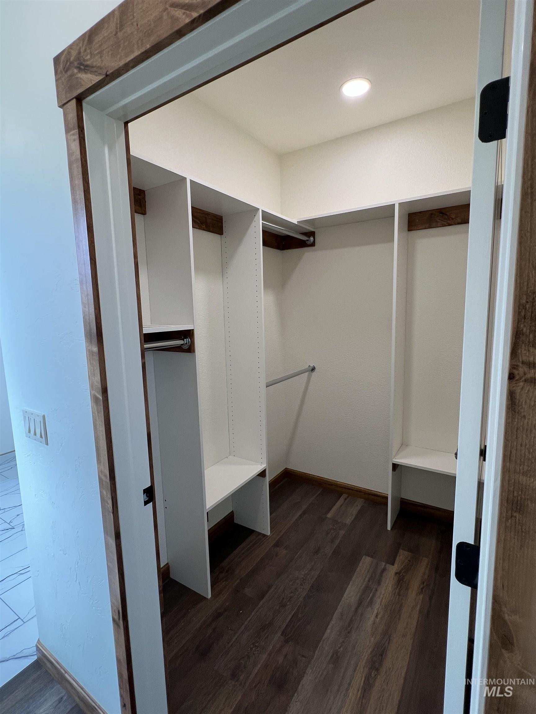 Spacious closet with dark wood finished floors