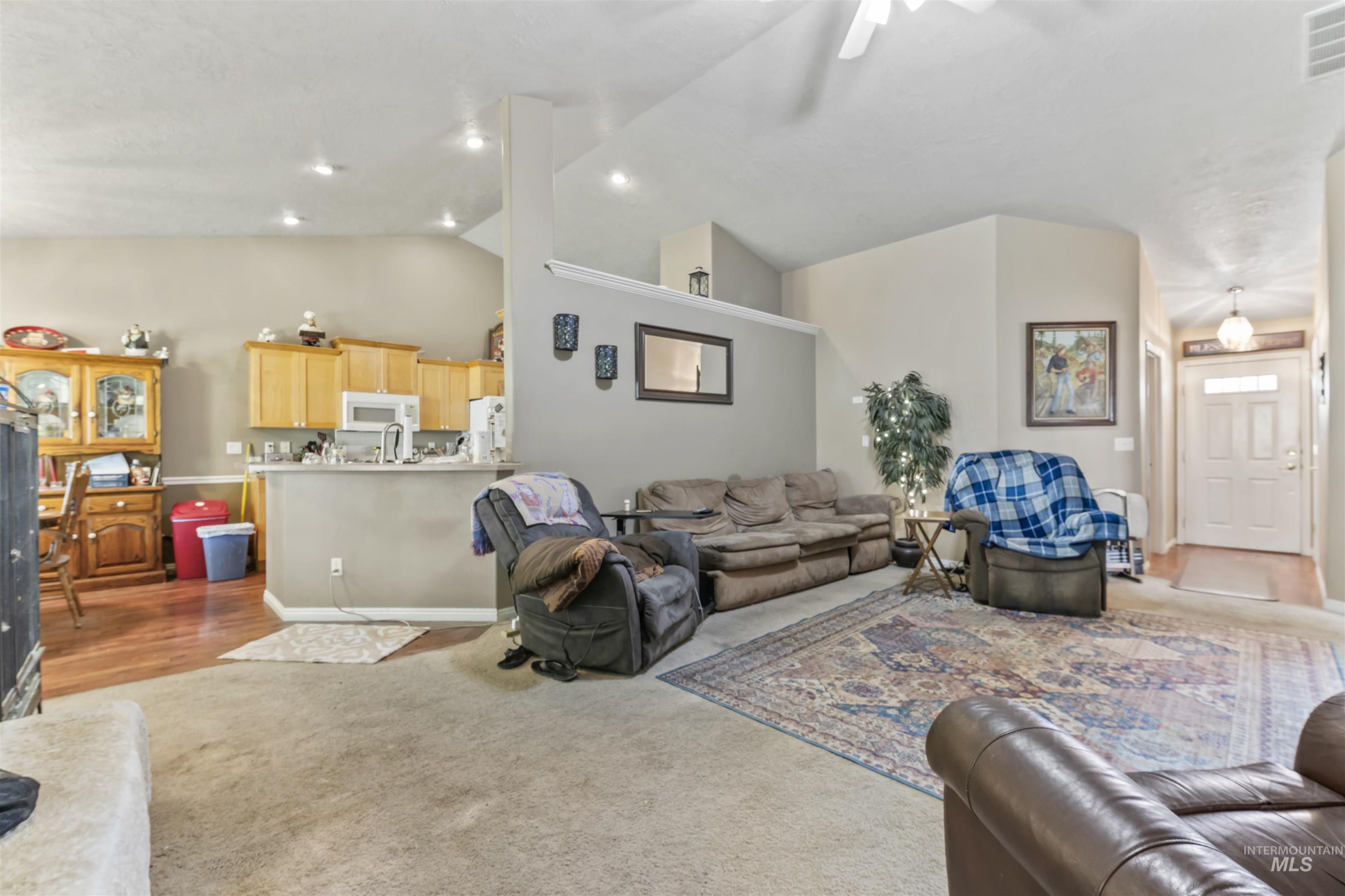 Living room featuring vaulted ceiling, ceiling fan, carpet, and wood finished floors
