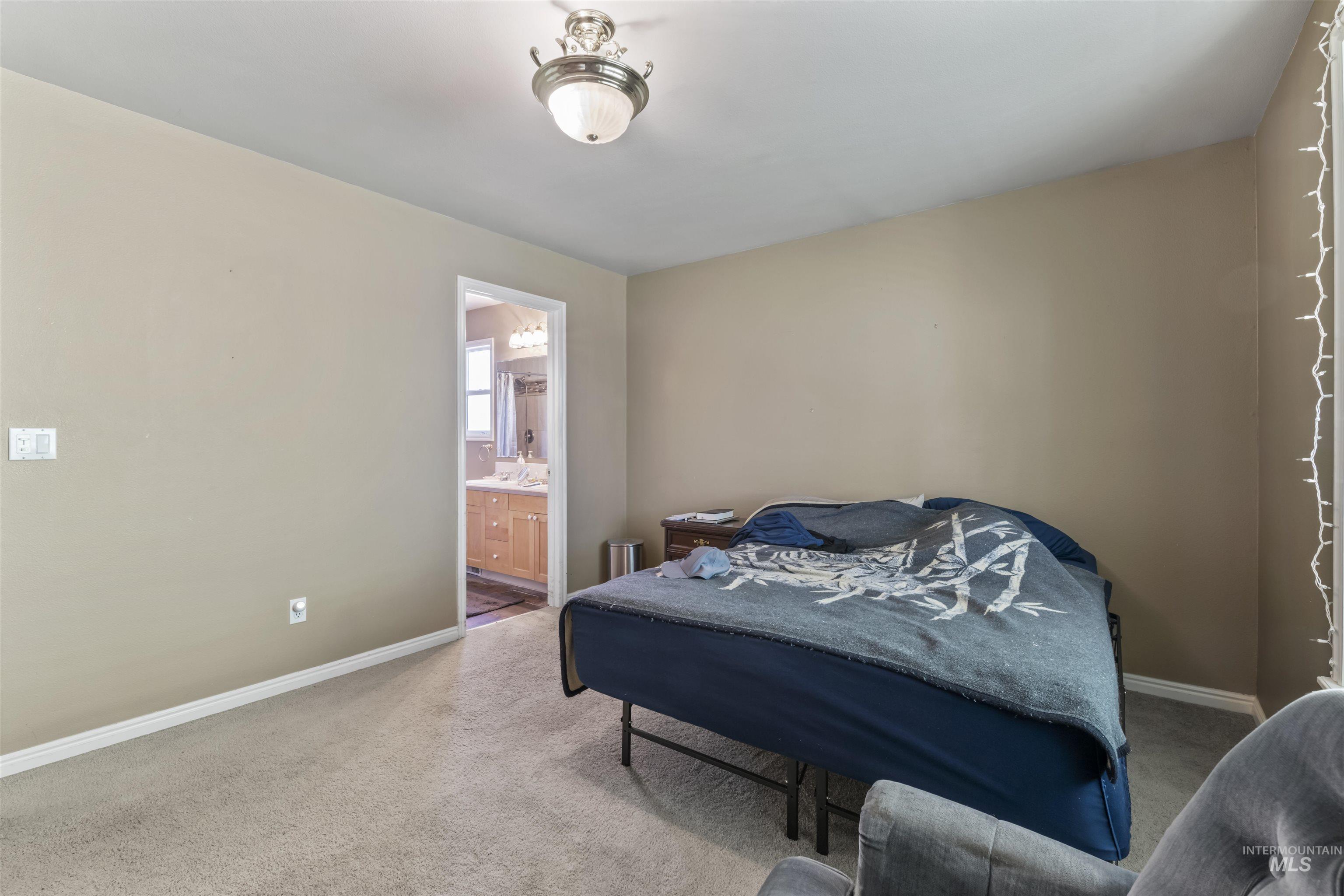 Bedroom with light colored carpet and ensuite bathroom