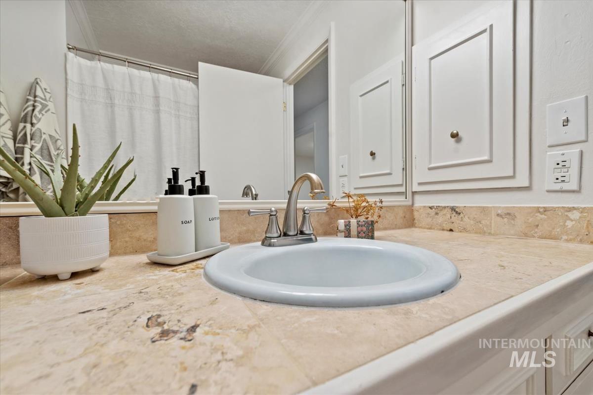 Bathroom with vanity, crown molding, and curtained shower