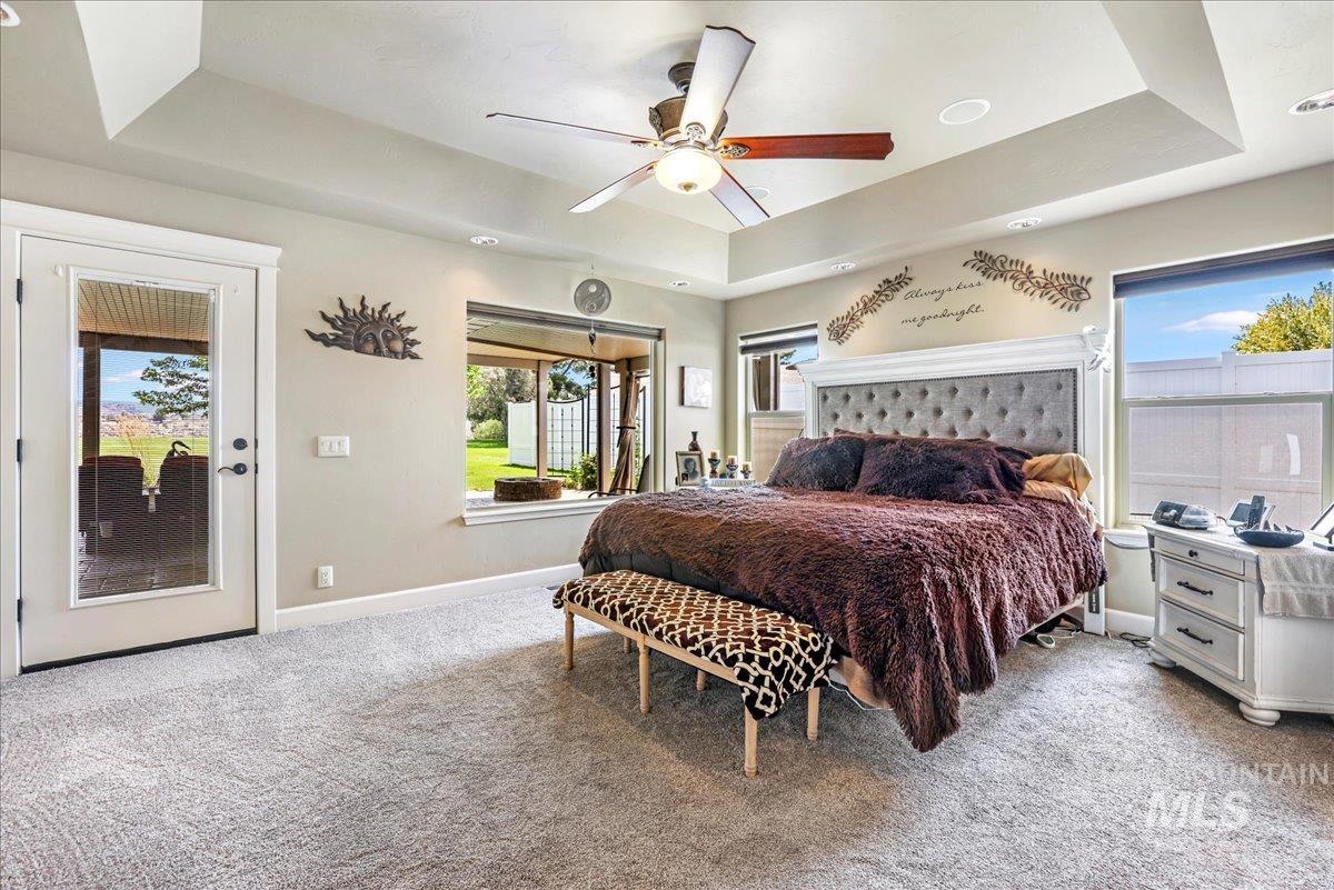 Carpeted bedroom featuring a tray ceiling, access to outside, and a ceiling fan