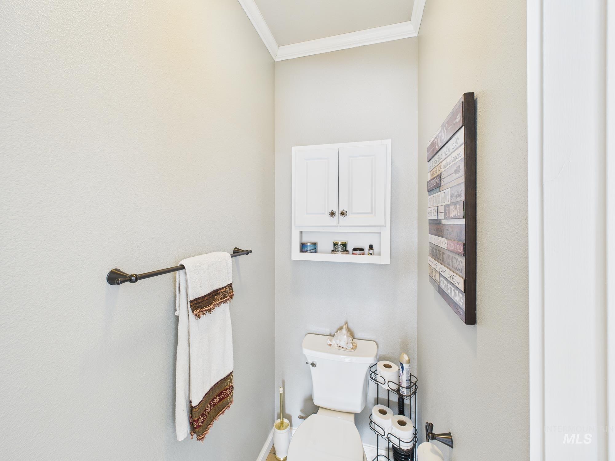 Bathroom with ornamental molding and toilet