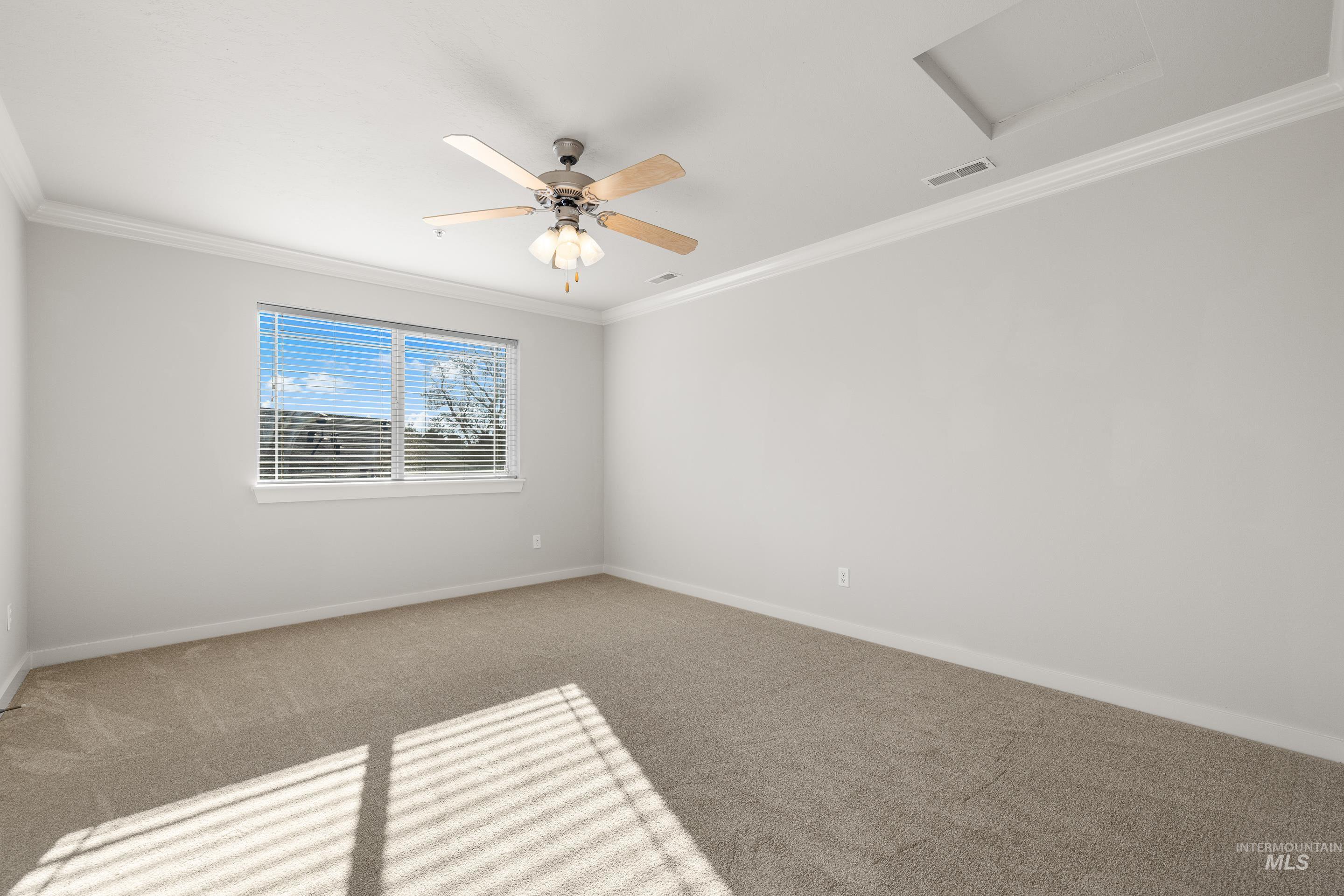Empty room with crown molding, carpet flooring, and a ceiling fan