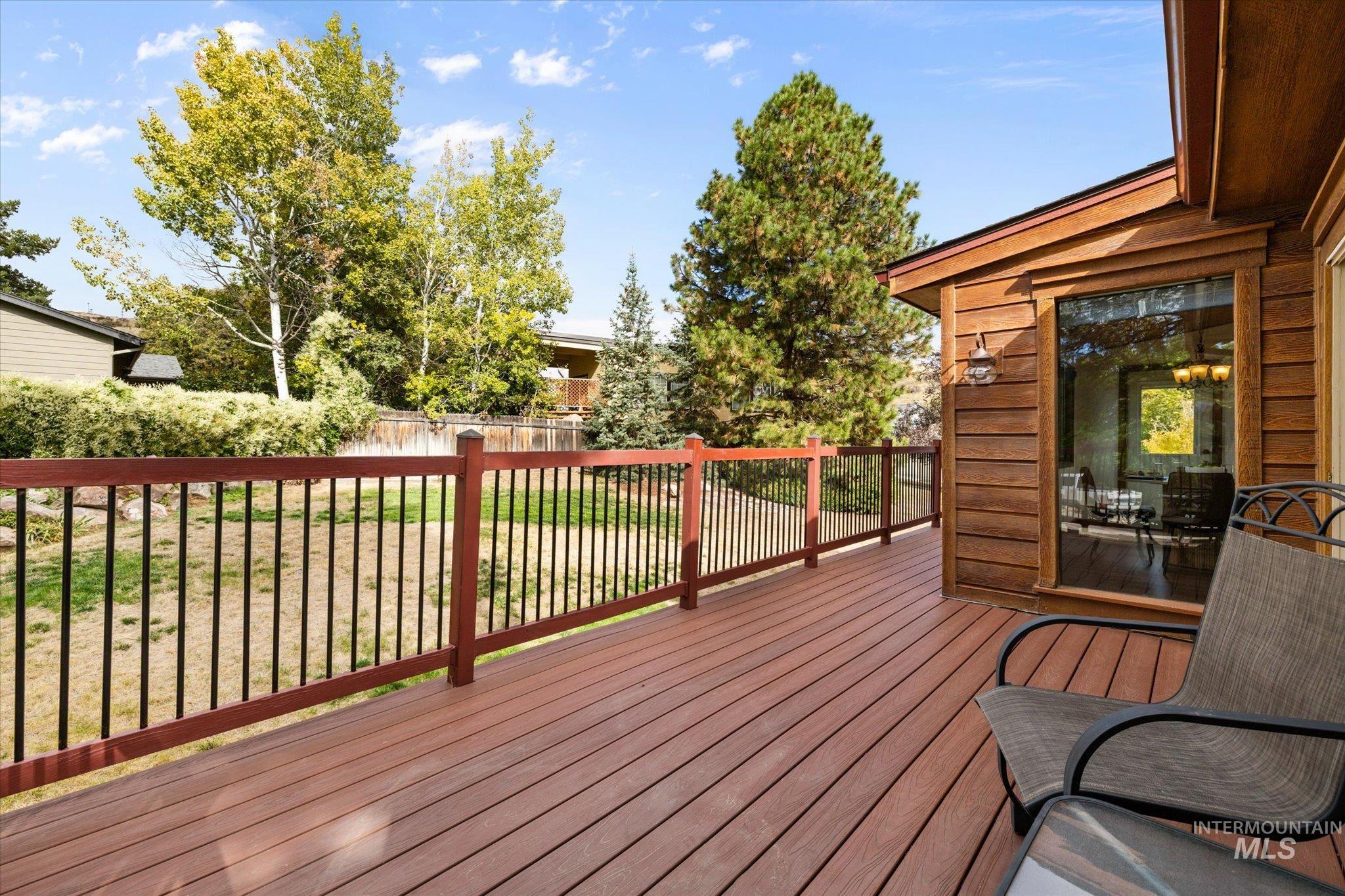 Wooden deck with a fenced backyard