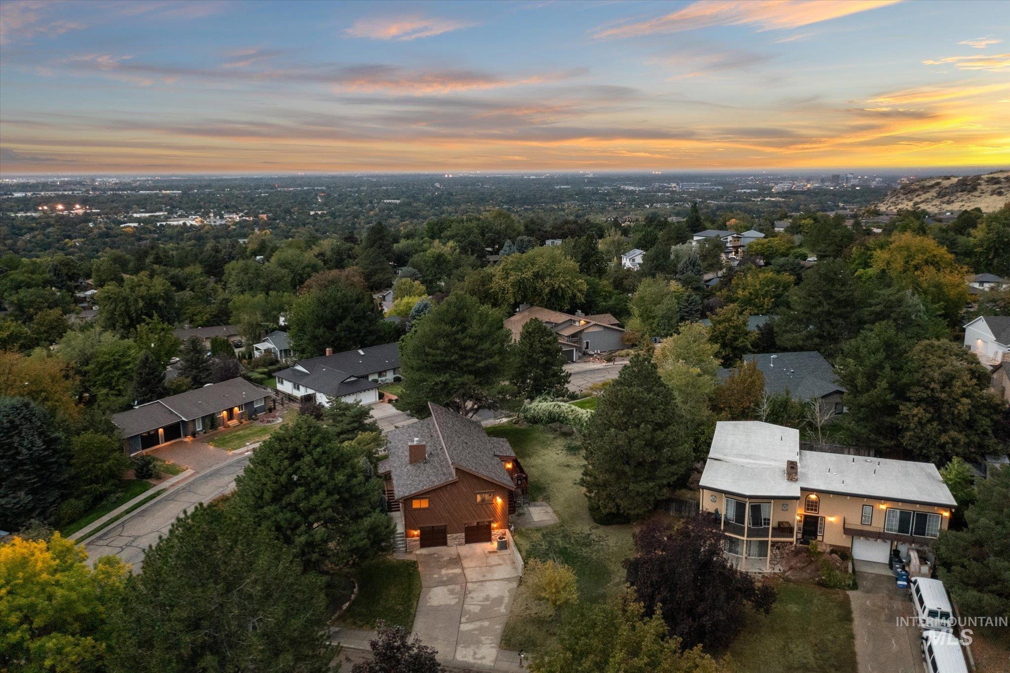 Aerial view at dusk of a residential view