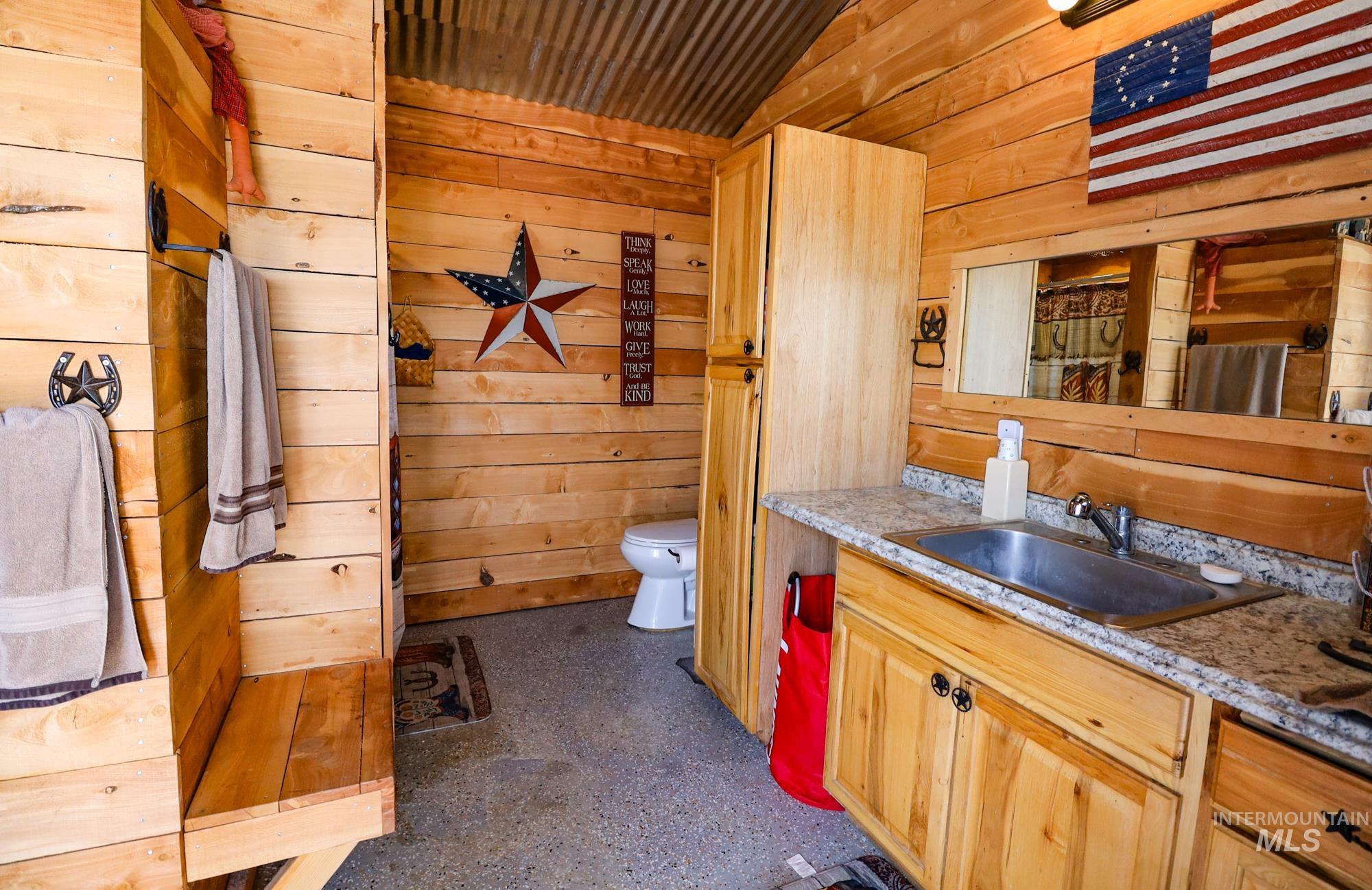 Bathroom featuring vanity, wood walls, and vaulted ceiling
