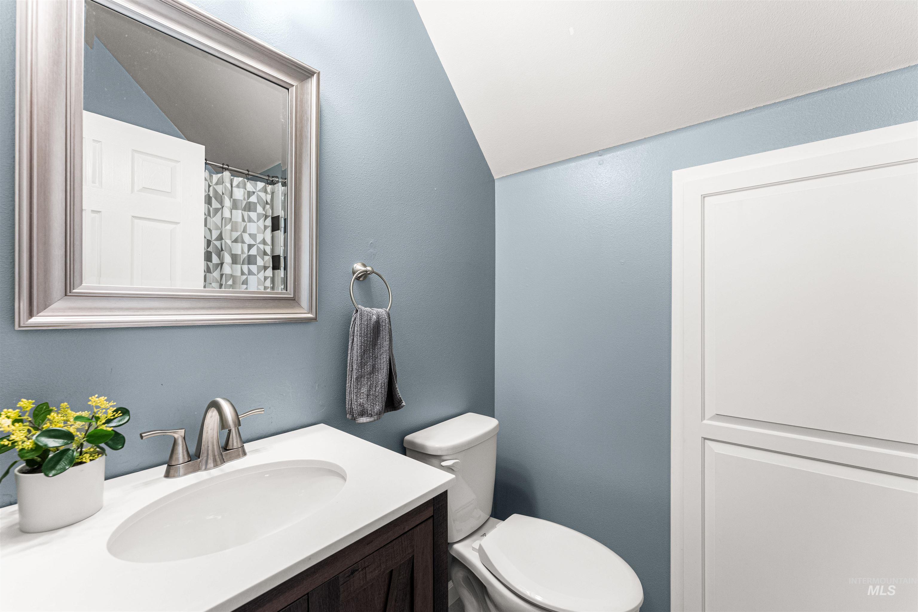 Full bathroom featuring a shower with shower curtain, vanity, and vaulted ceiling
