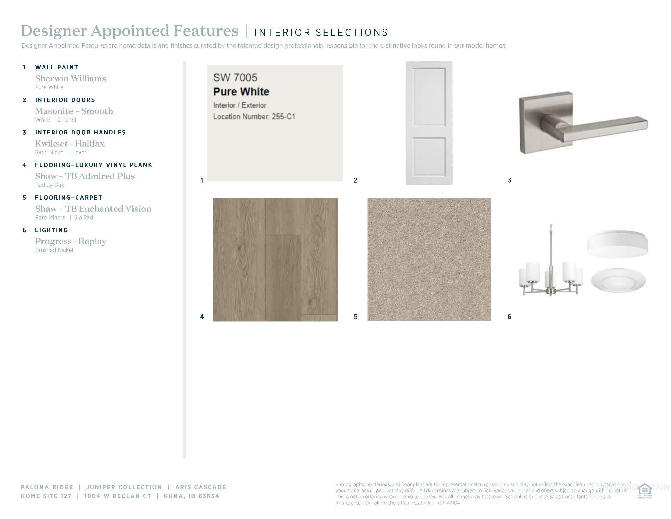 Interior Selections Document. Illustrating specified finishes and materials for the property's interior