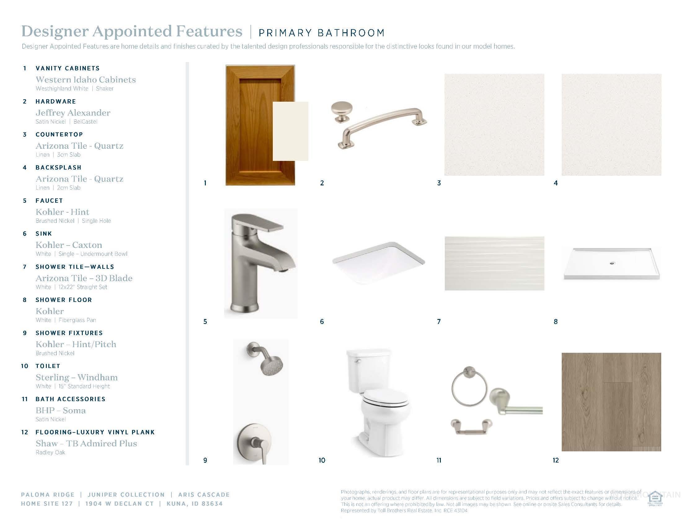 Designer Appointed Features. Detailing specifications for primary bathroom components and finishes