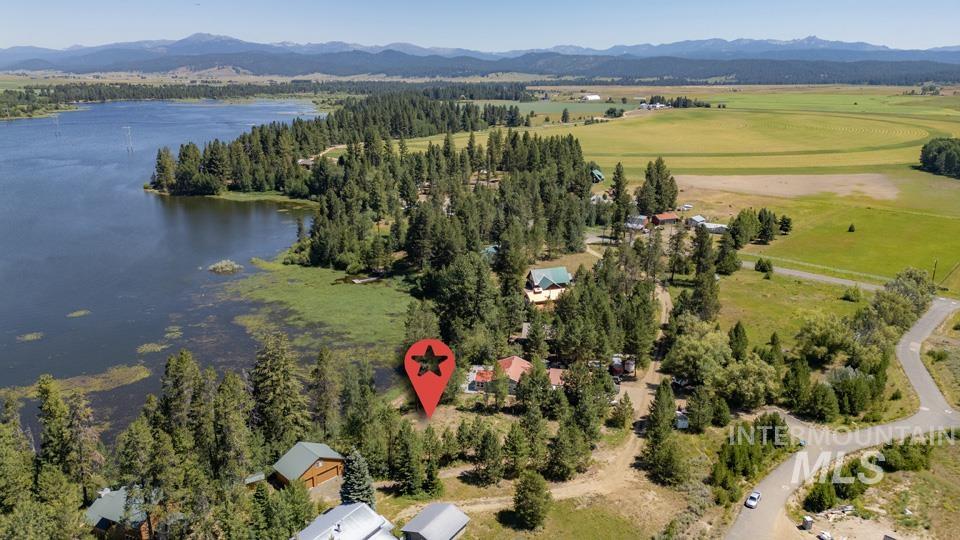 Aerial view of a water and mountain view
