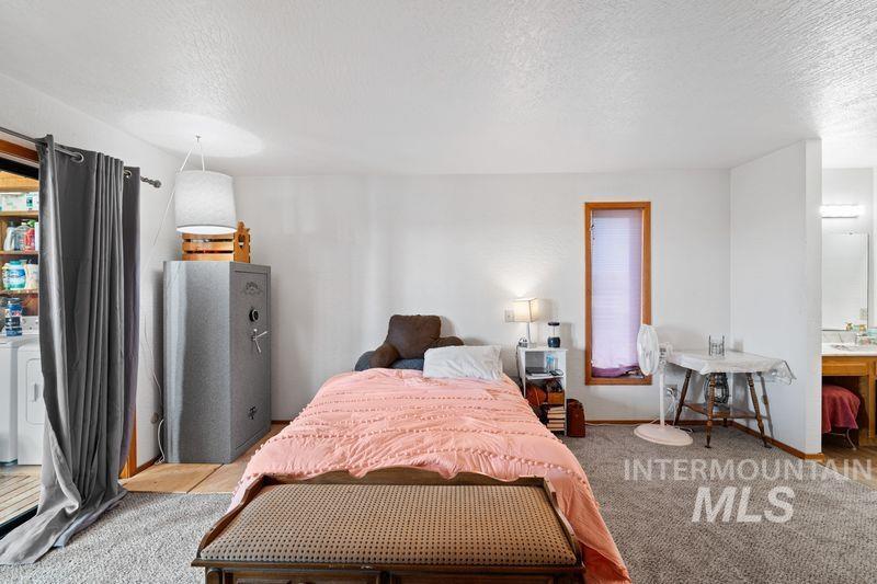 Bedroom featuring a textured ceiling, multiple windows, light carpet, ensuite bath, and washer / clothes dryer