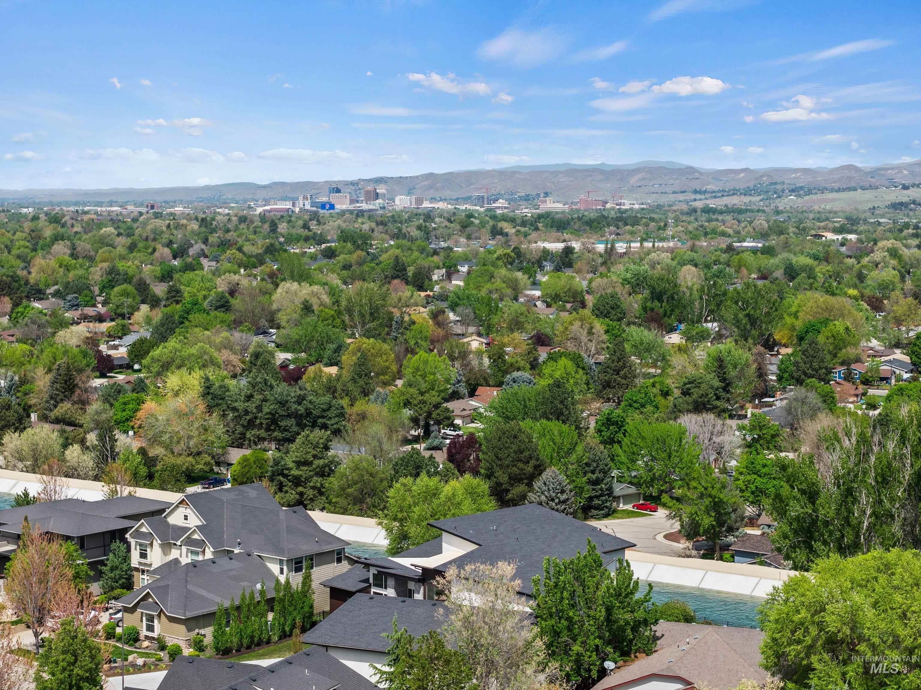 Expansive aerial perspective showcasing a residential area with lush tree canopy and distant urban skyline