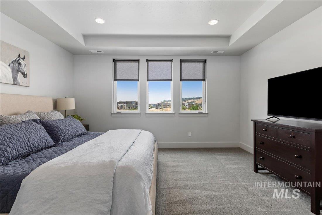 Bedroom featuring light carpet, a raised ceiling, and recessed lighting