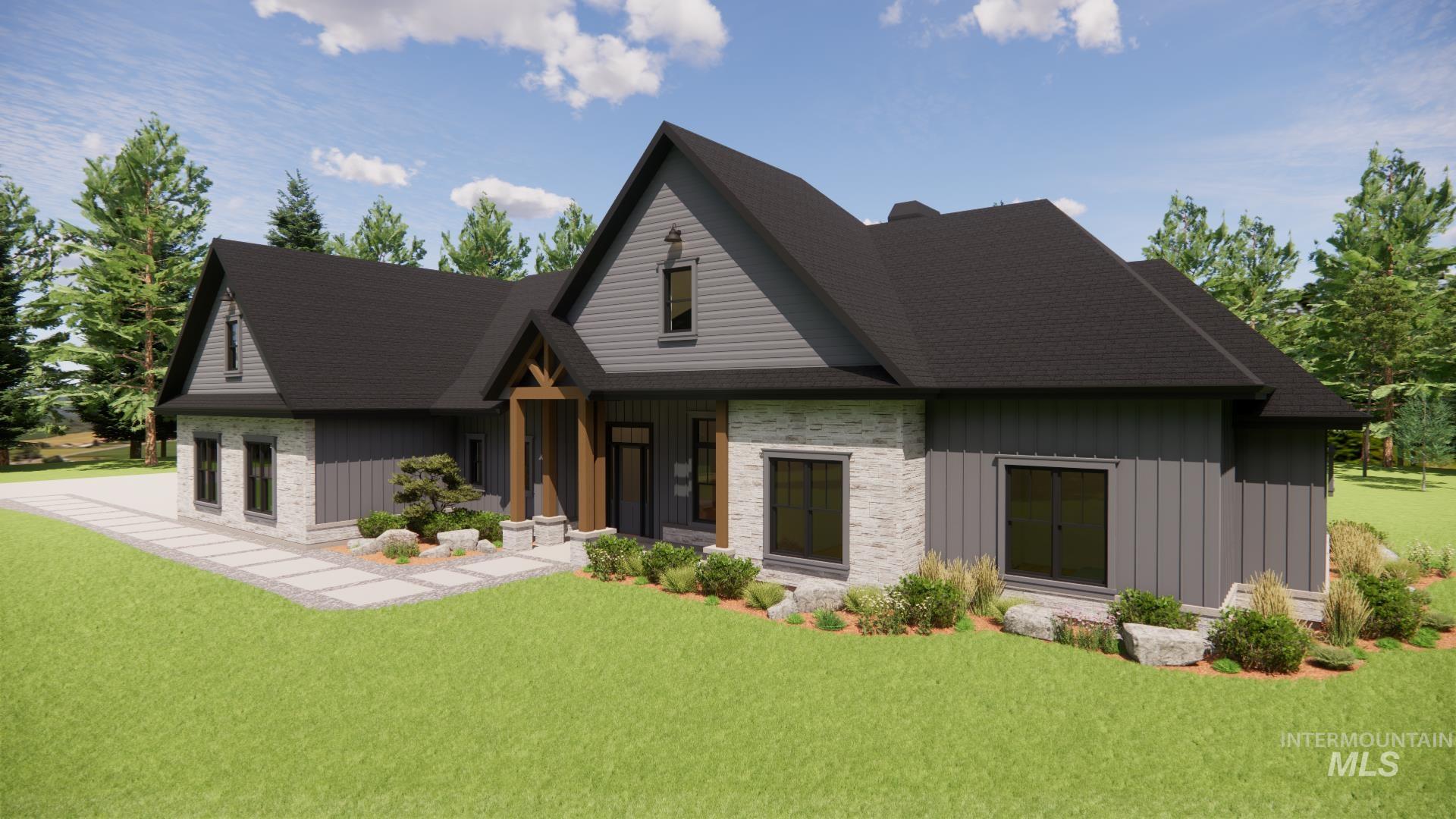 View of front of house featuring stone siding, a front lawn, board and batten siding, and a shingled roof