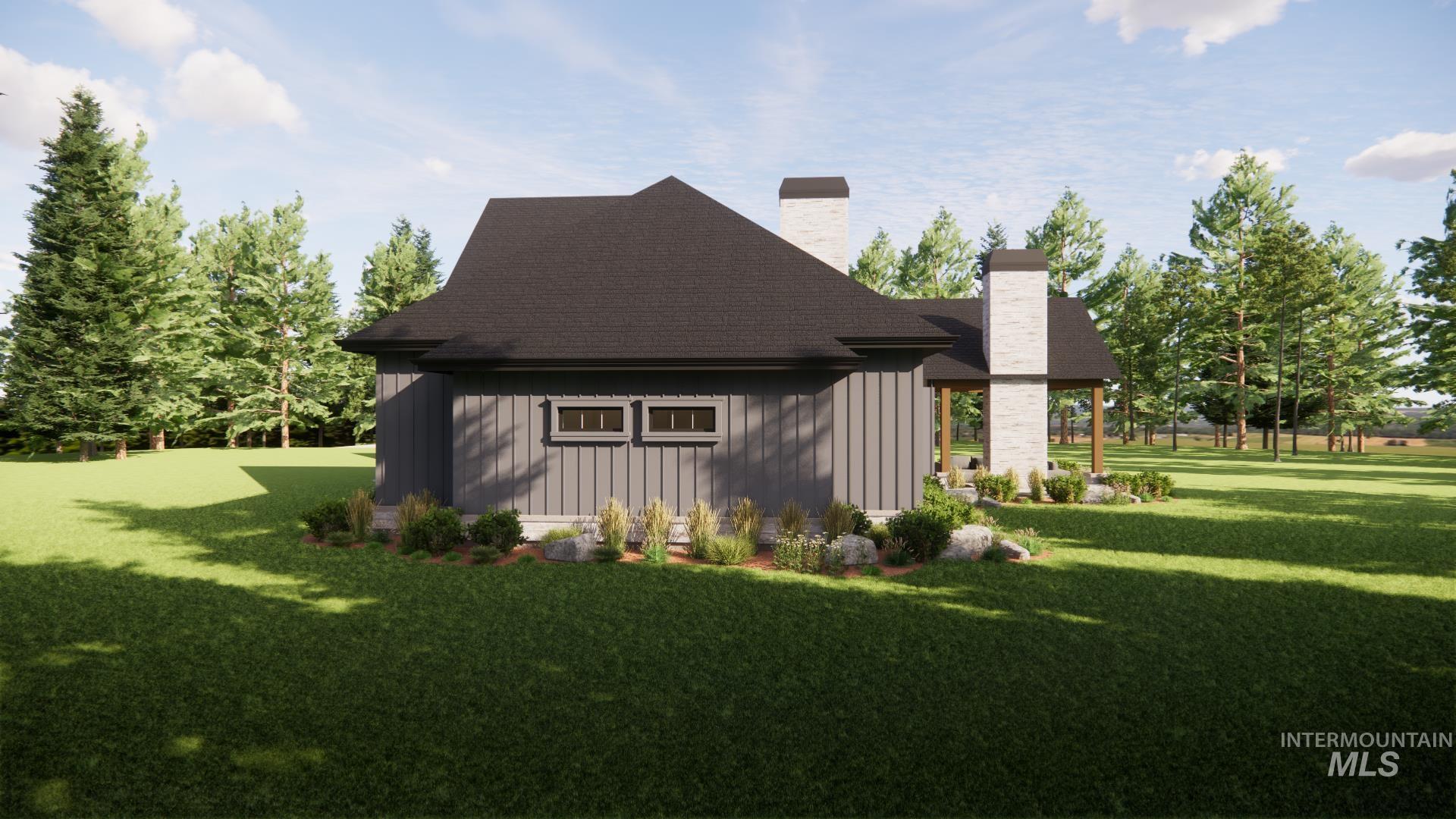 View of property exterior with board and batten siding, a yard, a chimney, and roof with shingles