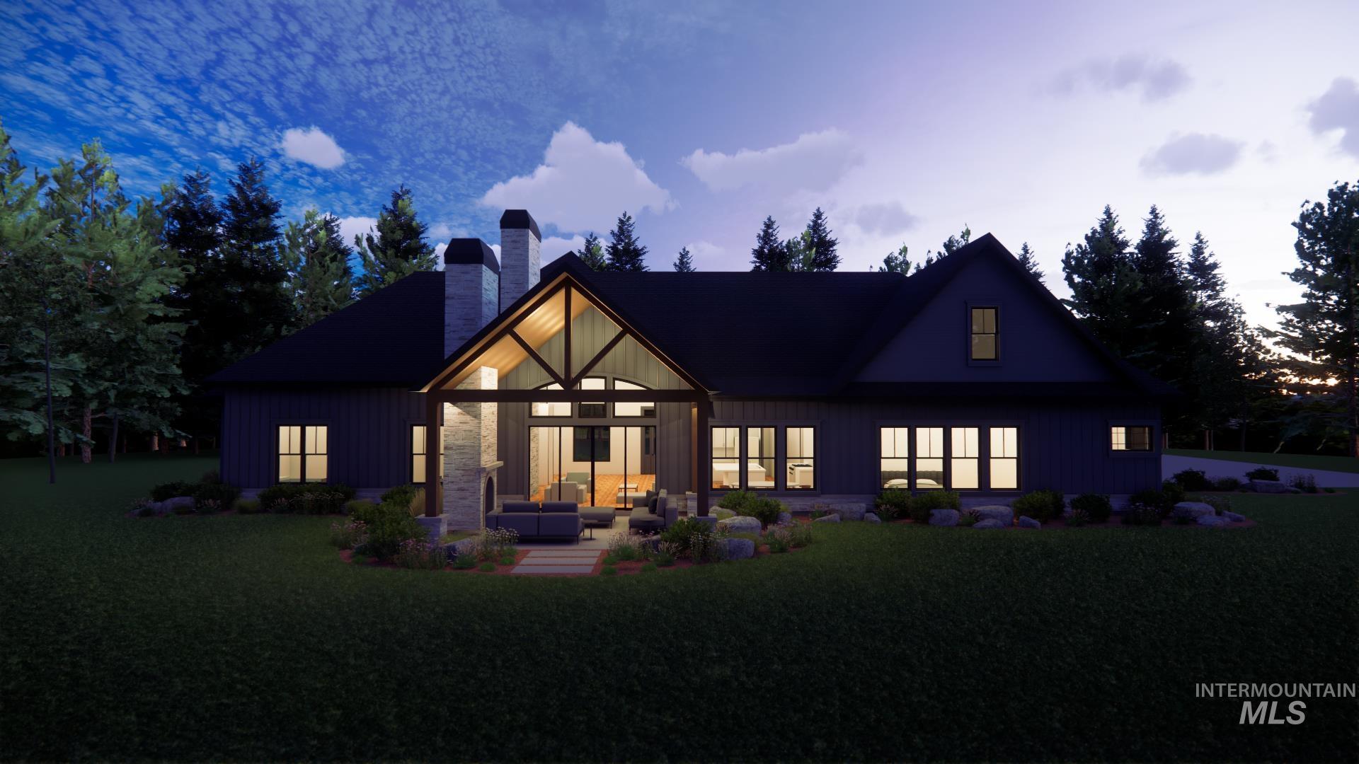 Rear view of property featuring outdoor lounge area, a chimney, a yard, and a patio