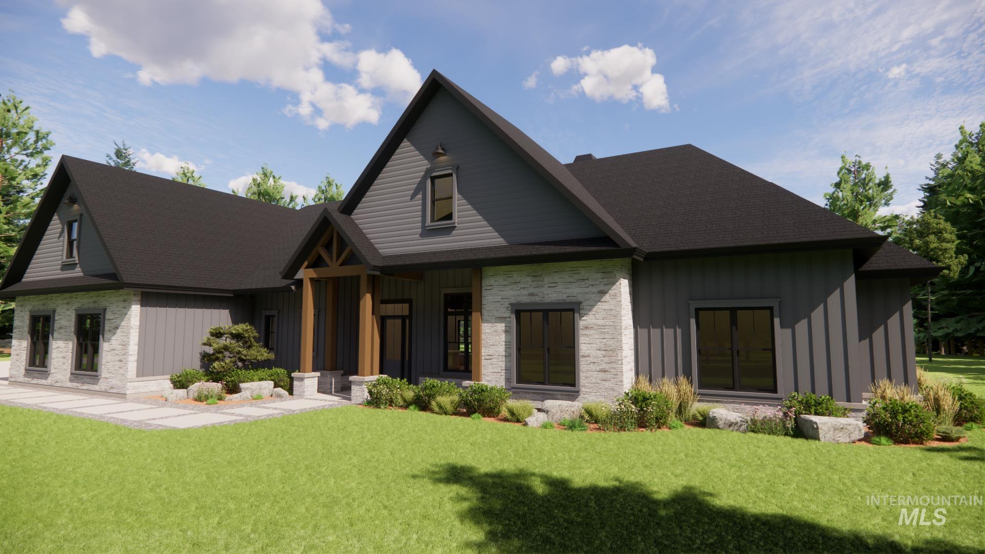View of front of home with board and batten siding, a front lawn, roof with shingles, and stone siding