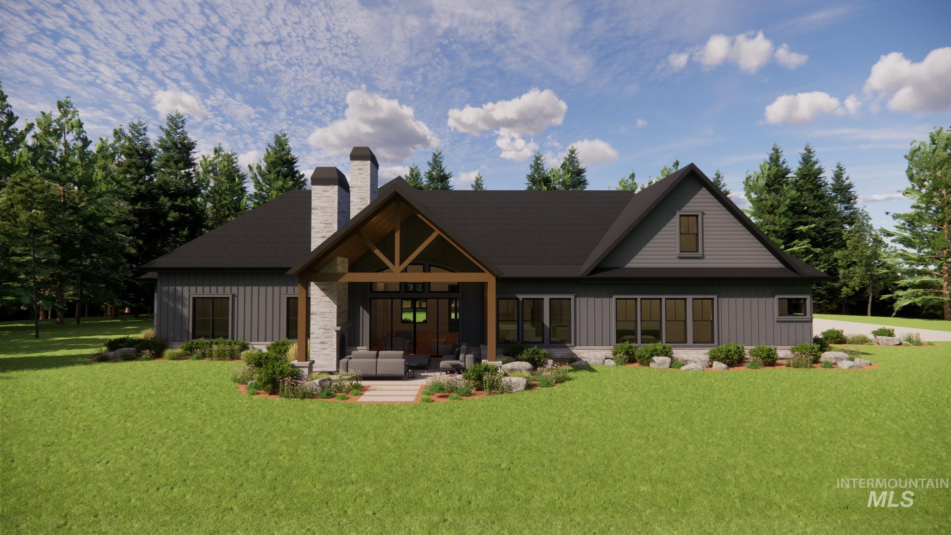 Rear view of property featuring an outdoor living space, a lawn, a chimney, and board and batten siding