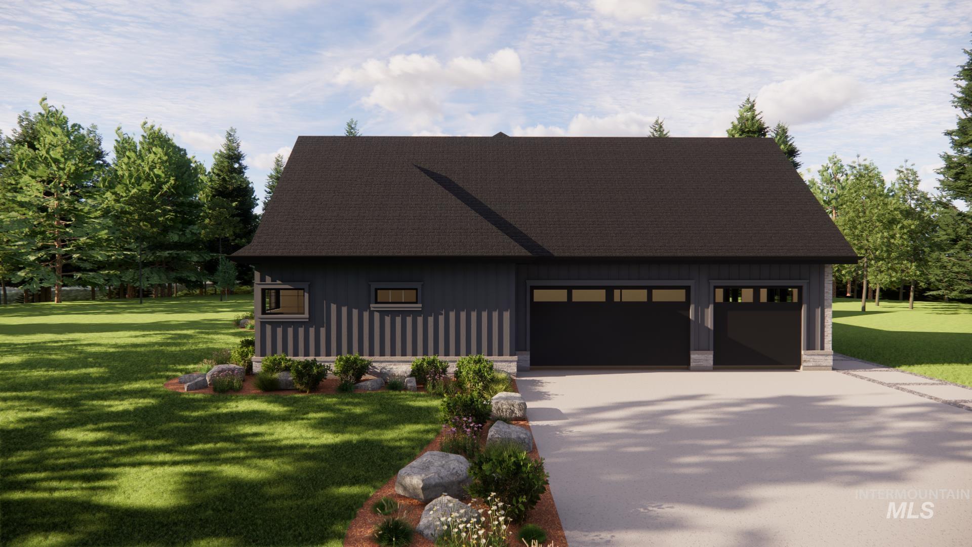 View of front of property with a shingled roof, a garage, a front yard, and board and batten siding
