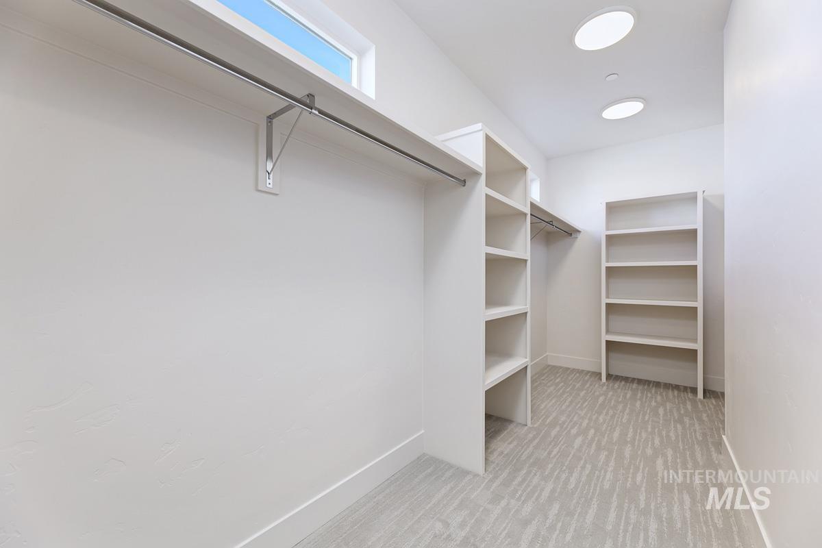 Spacious closet with light carpet
