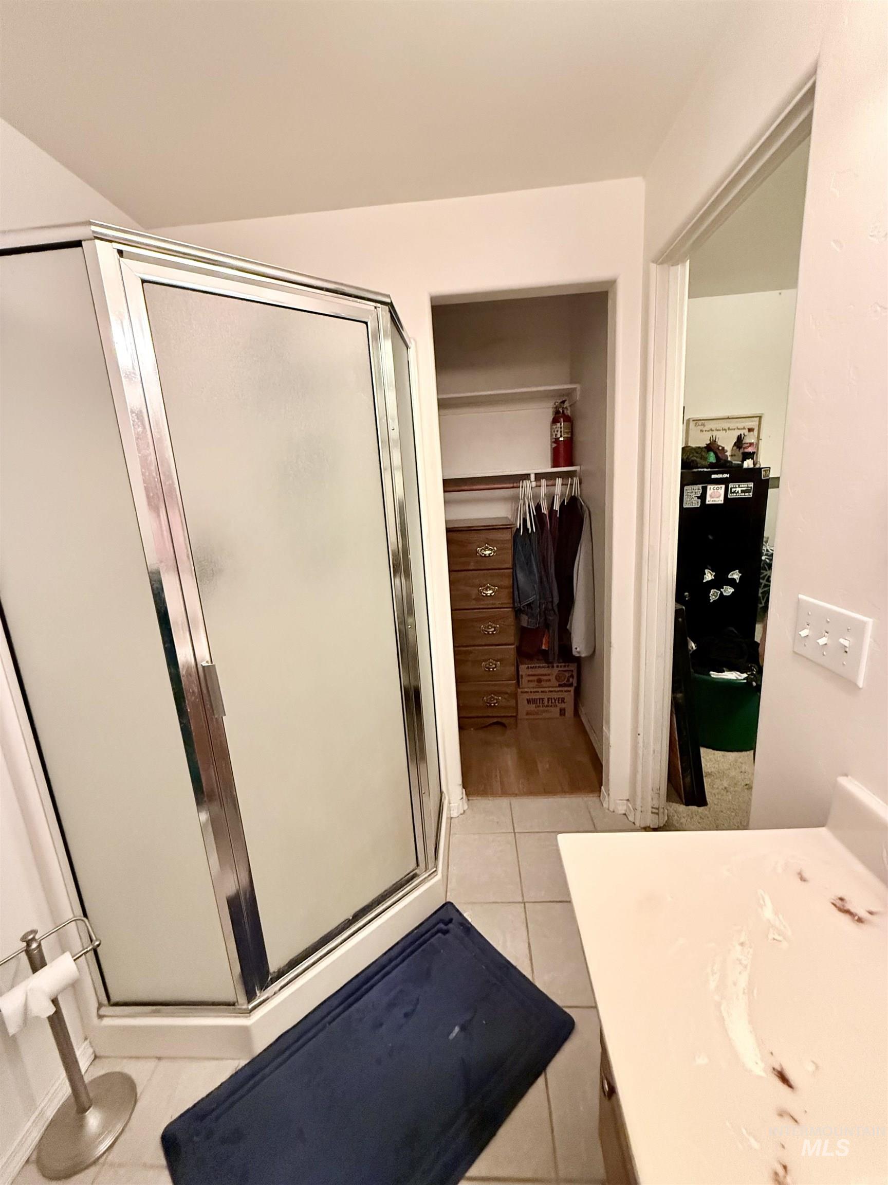 Bathroom with vanity, light tile patterned flooring, a spacious closet, and a stall shower