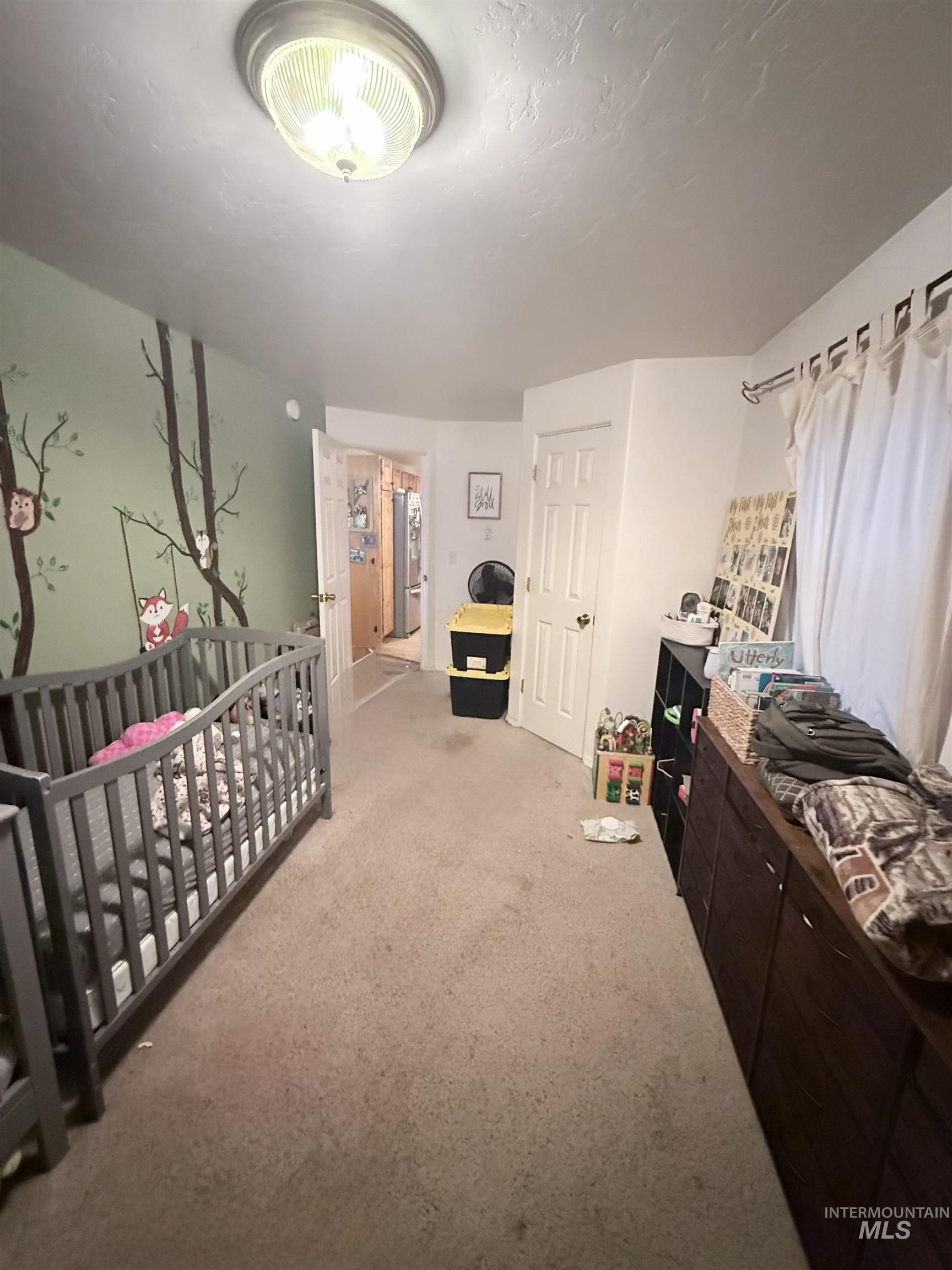 Bedroom with a crib and light colored carpet