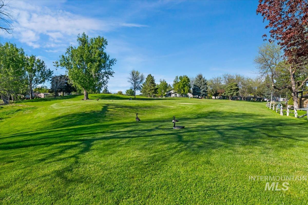 Expansive green lawn with mature trees and a gently sloping terrain, framed by a white picket fence on the right