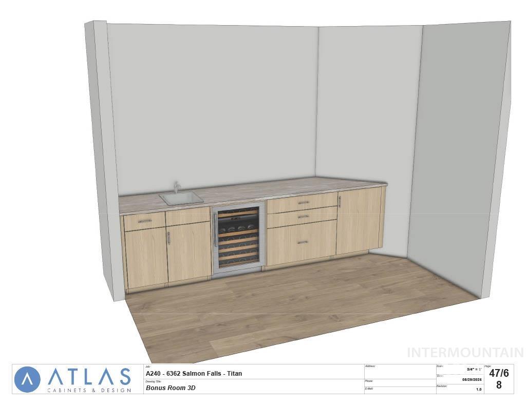 Bar area with light brown cabinets, wine cooler, dark wood-style floors, and modern cabinets