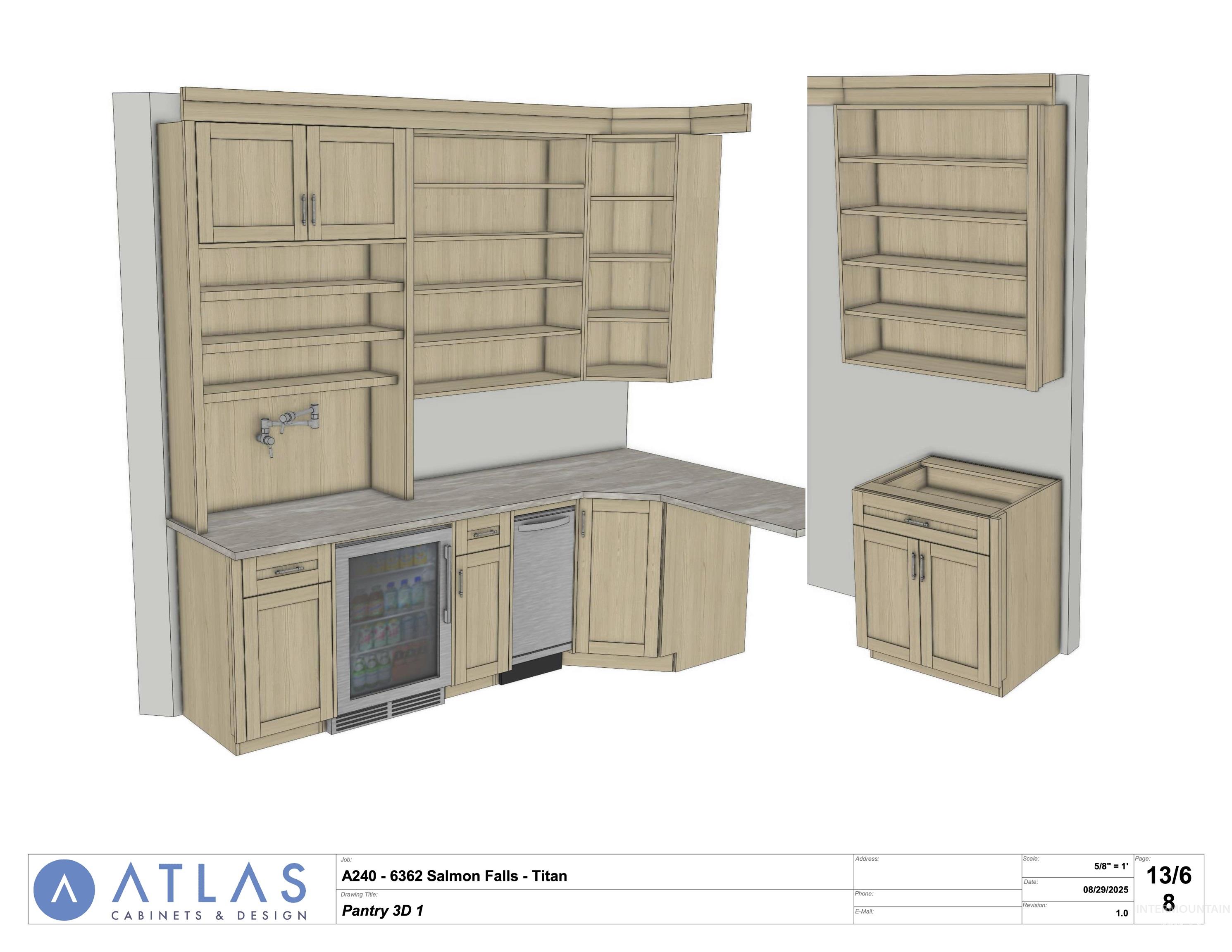 Kitchen with open shelves and wine cooler