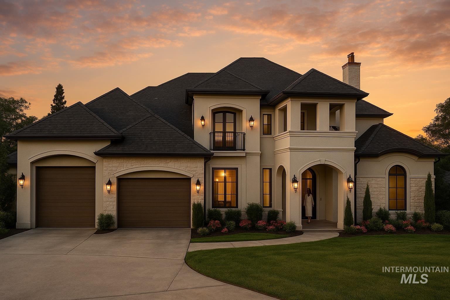 French country inspired facade with a balcony, stucco siding, a garage, and concrete driveway