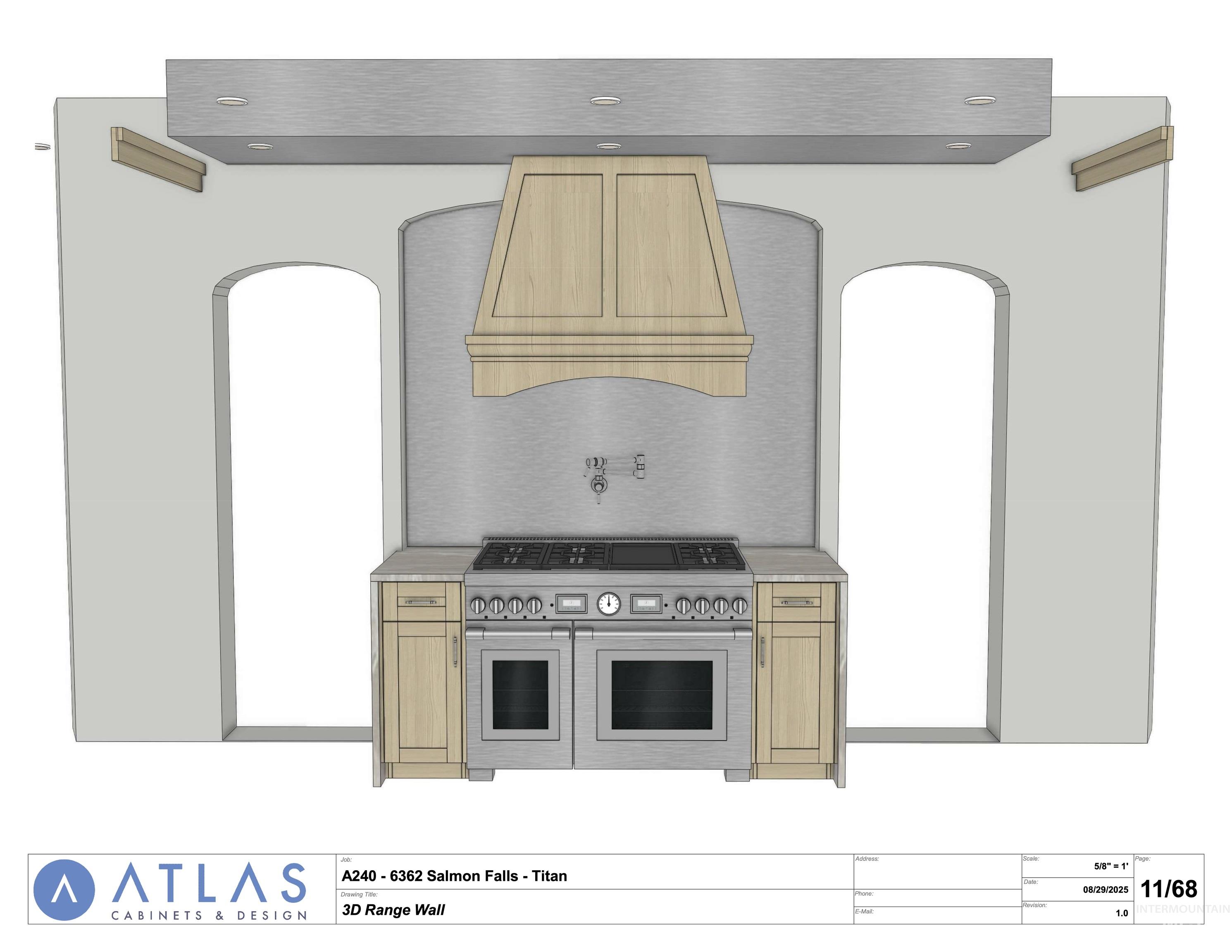 Kitchen with exhaust hood, light countertops, range with two ovens, and tasteful backsplash