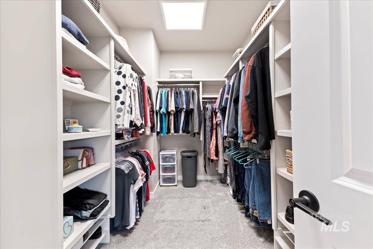 Spacious closet featuring light colored carpet