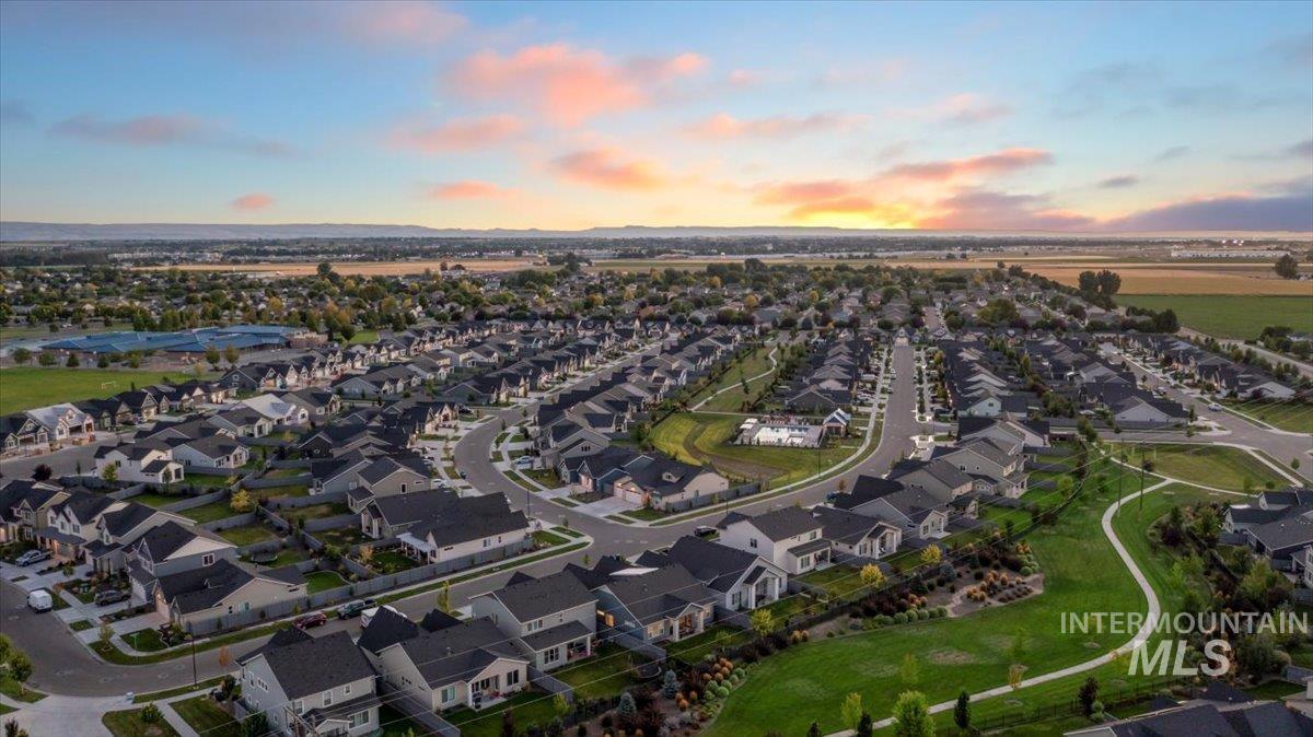Aerial view at dusk of a residential view