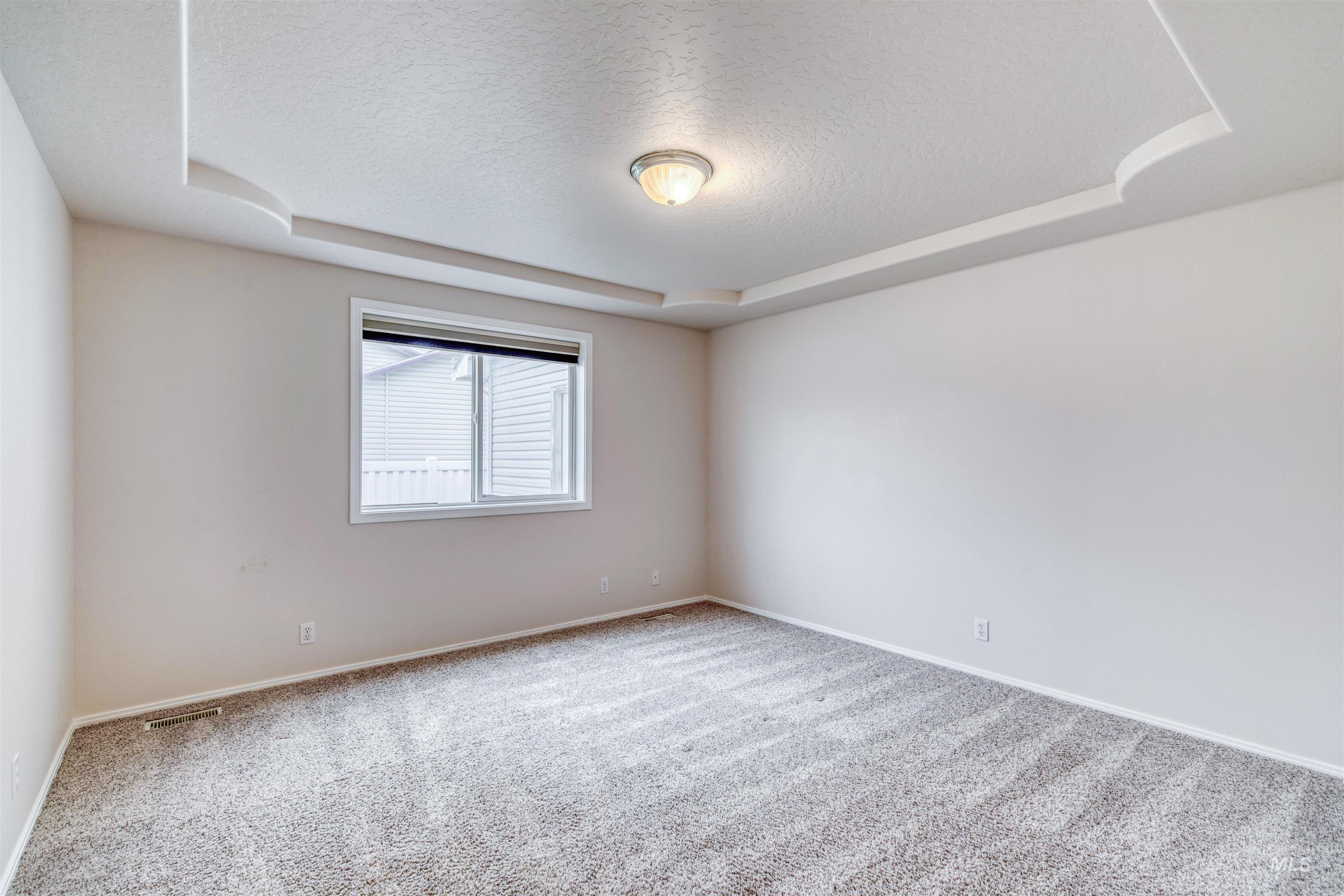 Carpeted spare room featuring a tray ceiling and a textured ceiling