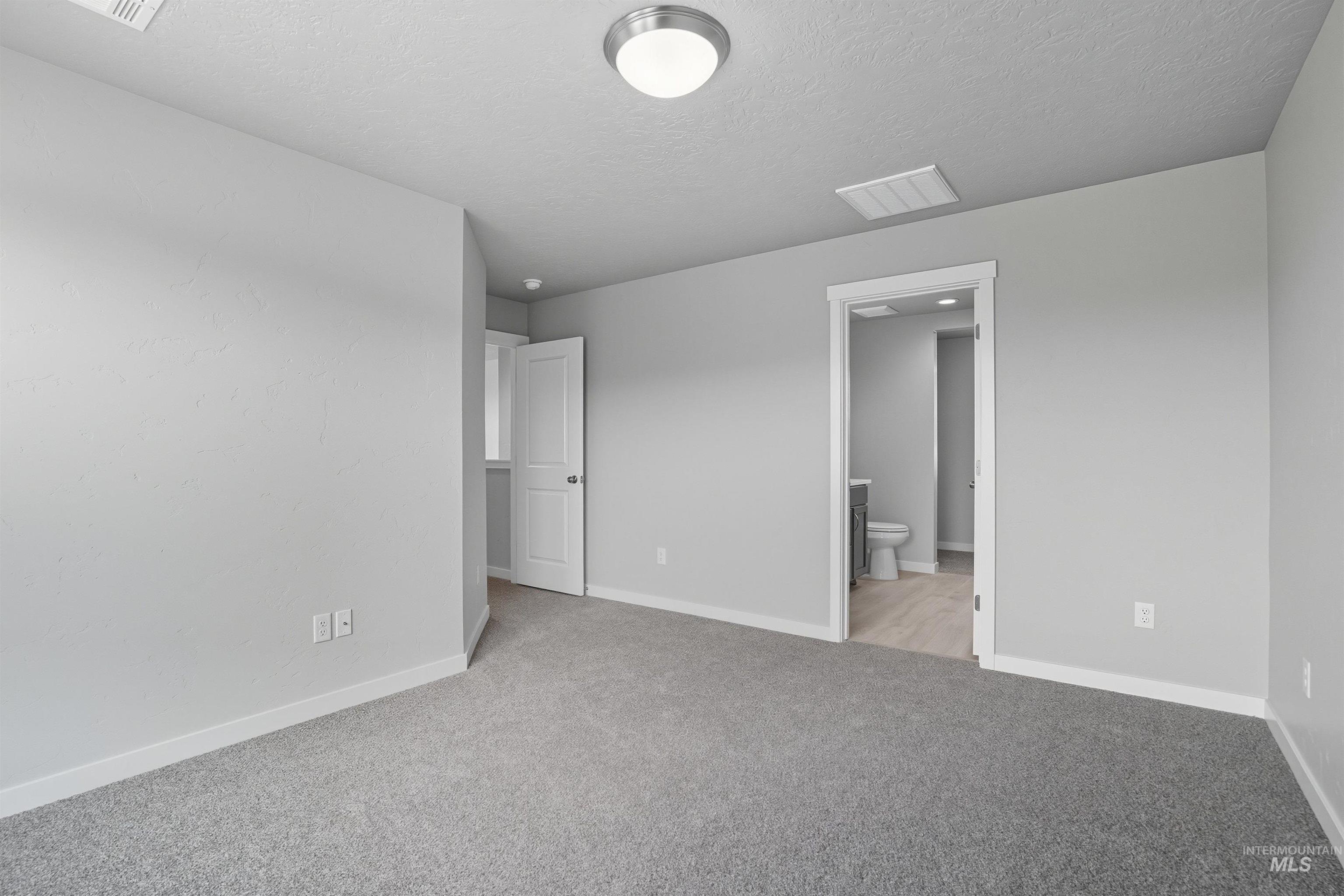 Spacious room featuring gray wall paint, white trim, gray carpet, and a ceiling-mounted light fixture
